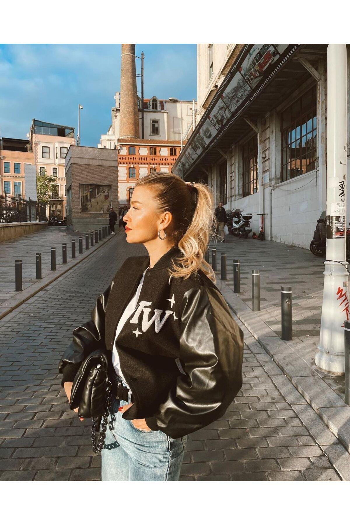 Kolu Deri Detaylı Oversize Boyfriend Siyah Kalın Unisex Bomber Ceket