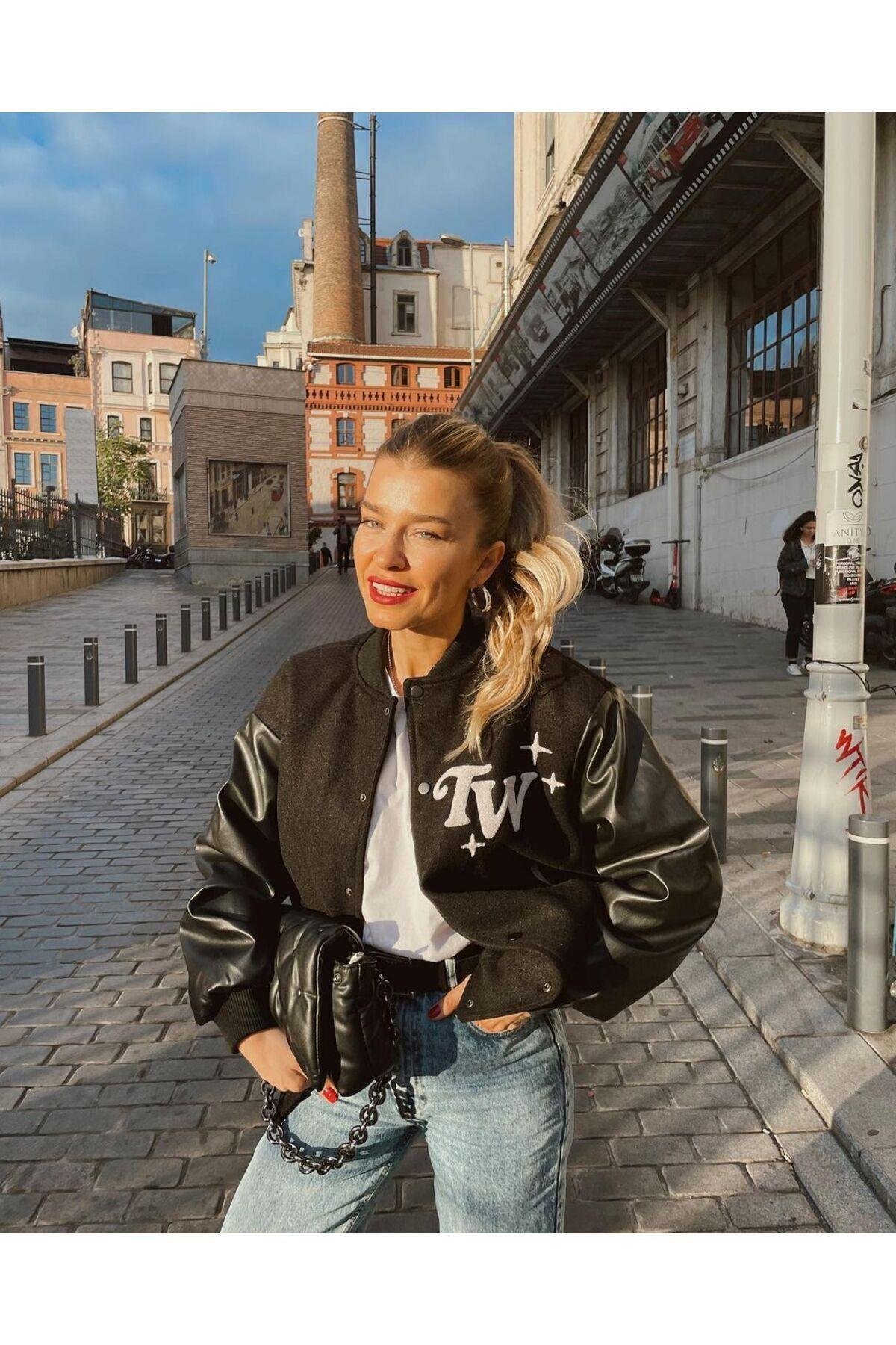 Kolu Deri Detaylı Oversize Boyfriend Siyah Kalın Unisex Bomber Ceket