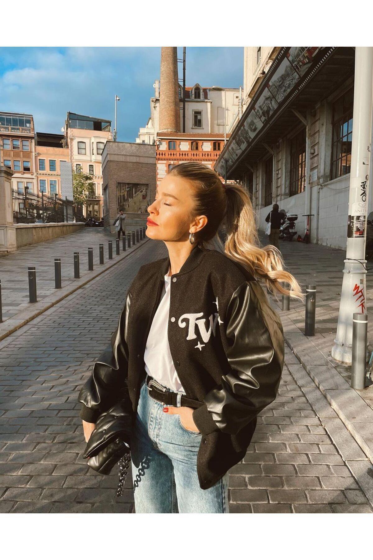 Kolu Deri Detaylı Oversize Boyfriend Siyah Kalın Unisex Bomber Ceket