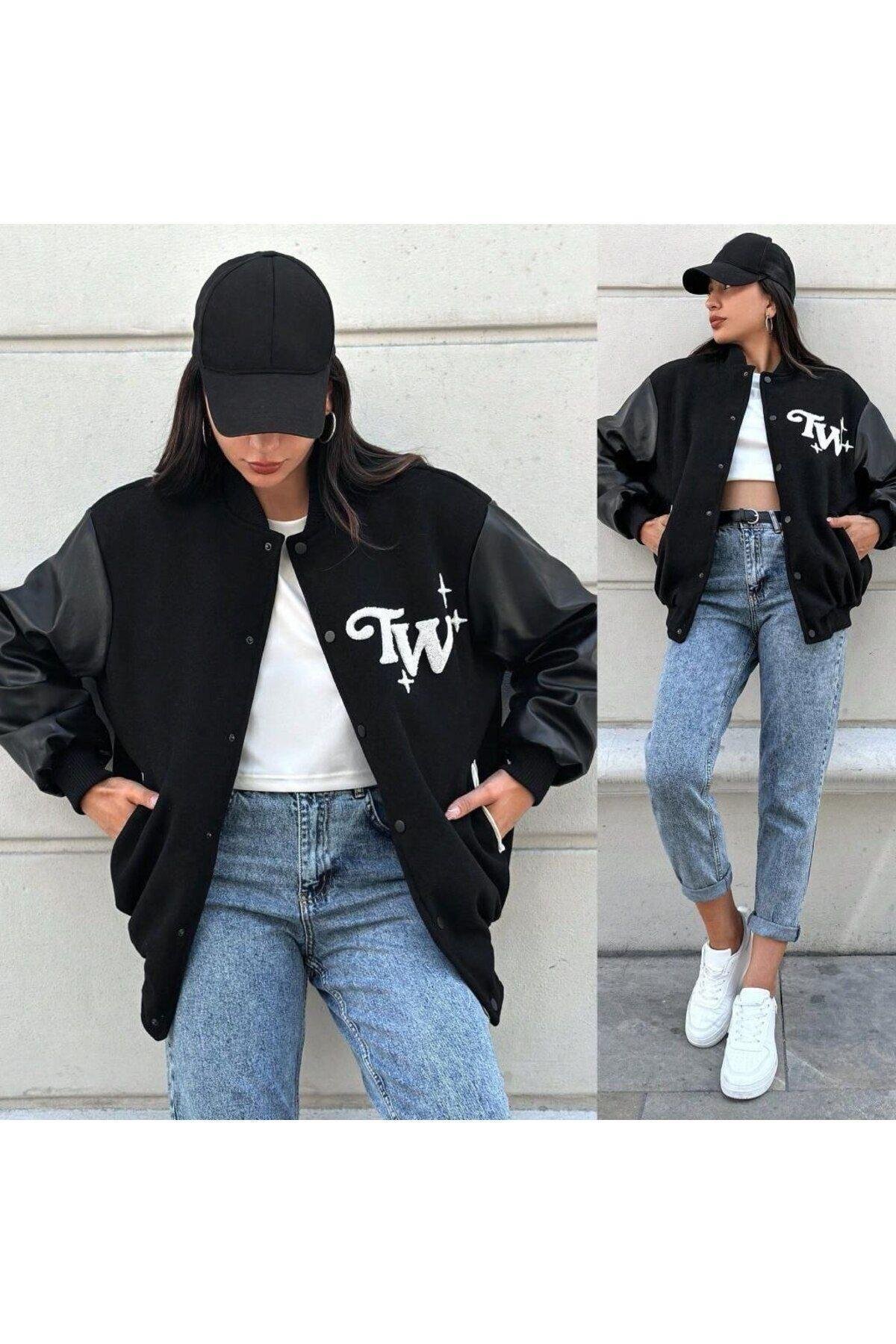 Kolu Deri Detaylı Oversize Boyfriend Siyah Kalın Unisex Bomber Ceket