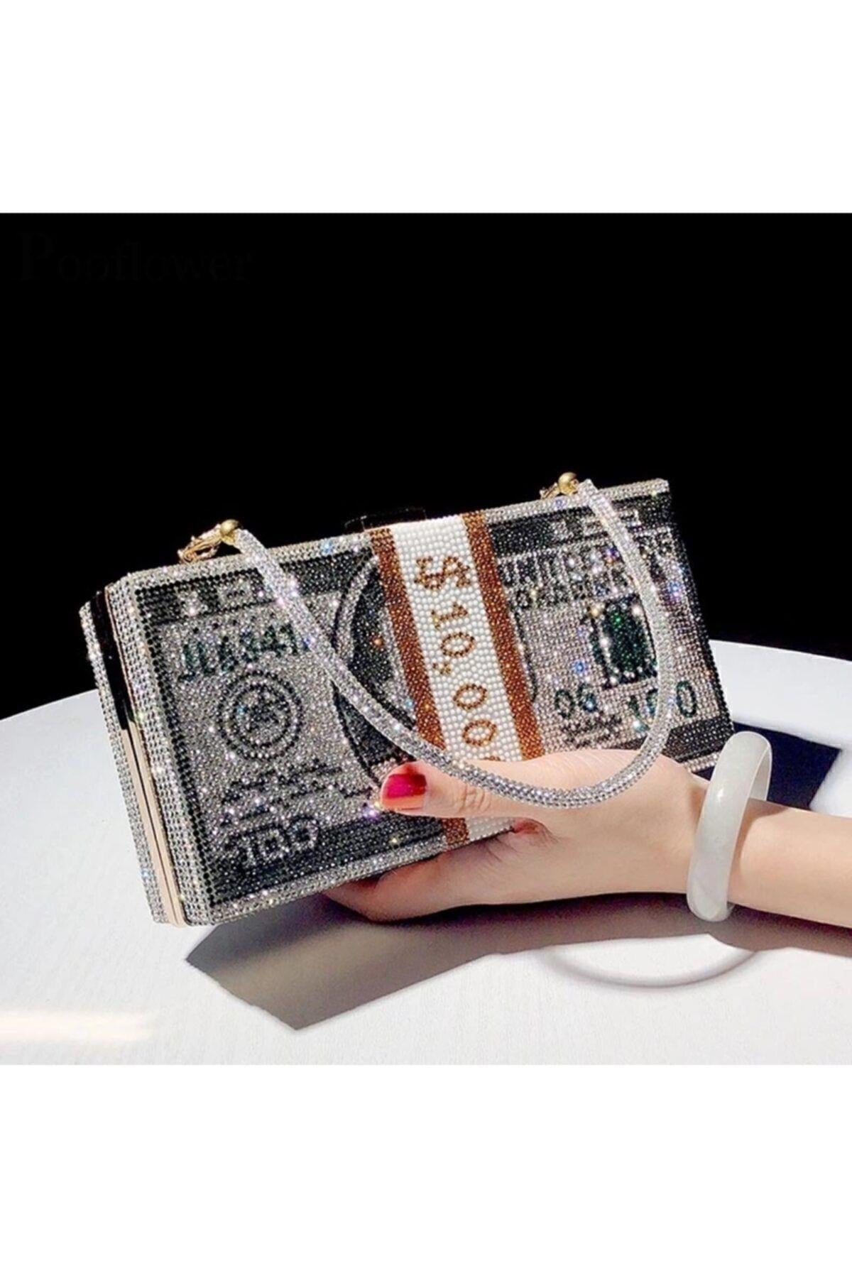 Özel Tasarım Dolar Görünümlü Taşlı Çanta