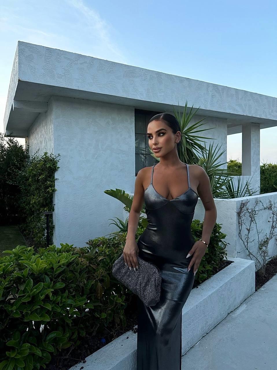 Parıltılı Maxi Boy Gümüş Elbise