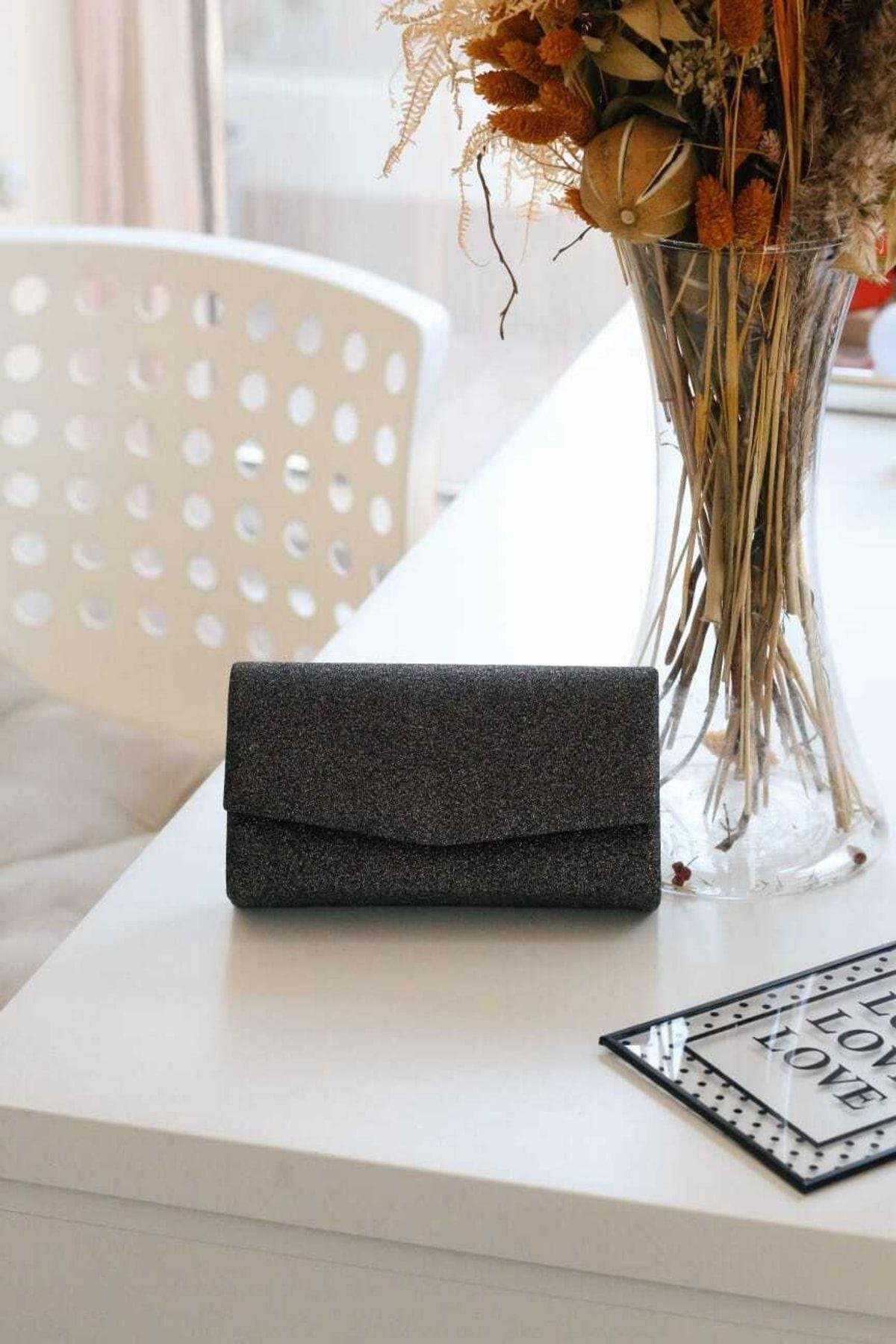 Simli Antrasit Clutch El Çantası