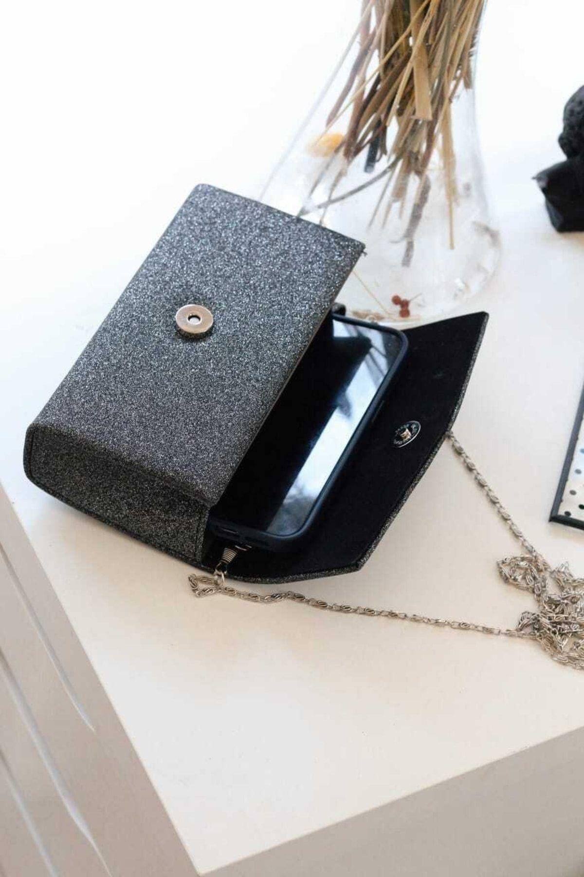 Simli Antrasit Clutch El Çantası
