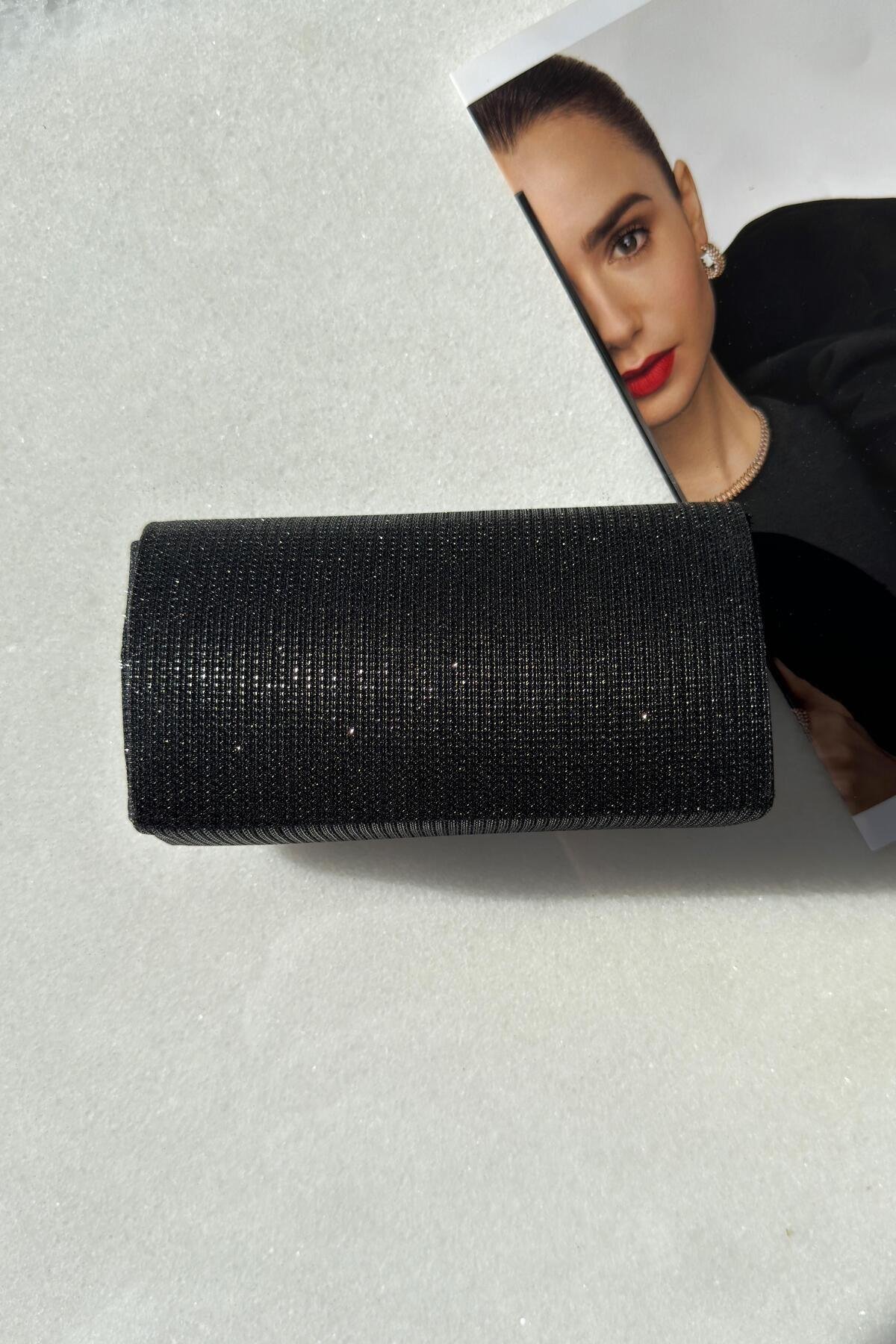 Simli Siyah Clutch El Çantası
