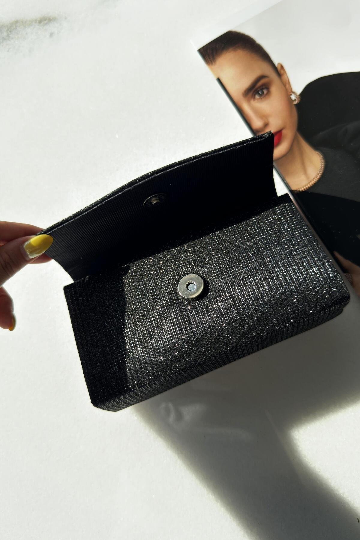 Simli Siyah Clutch El Çantası