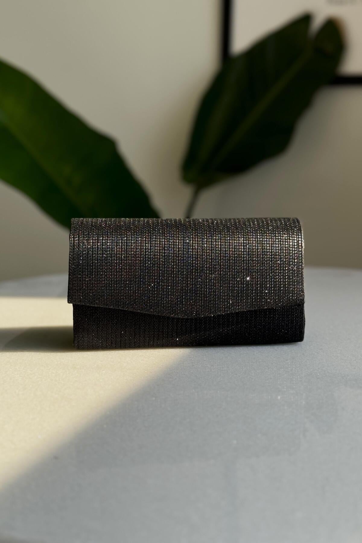 Simli Siyah Clutch El Çantası