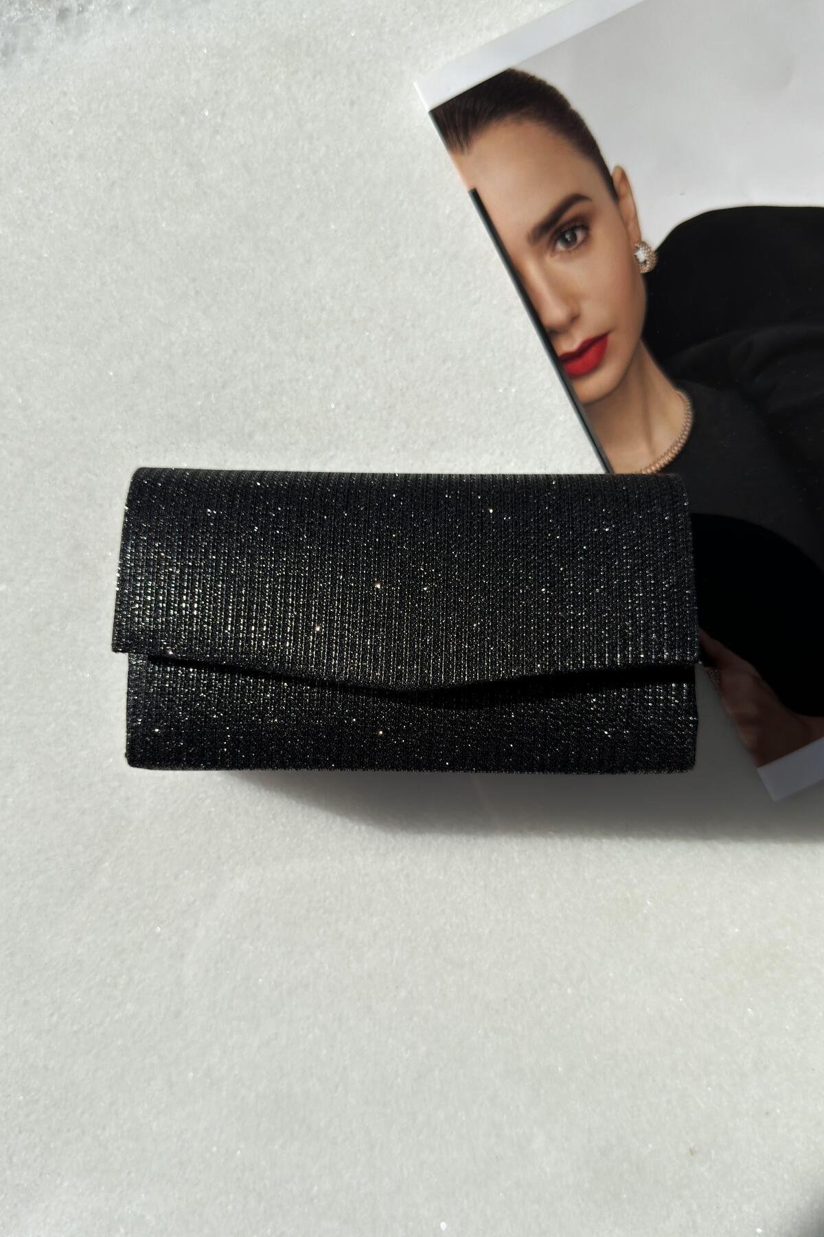 Simli Siyah Clutch El Çantası