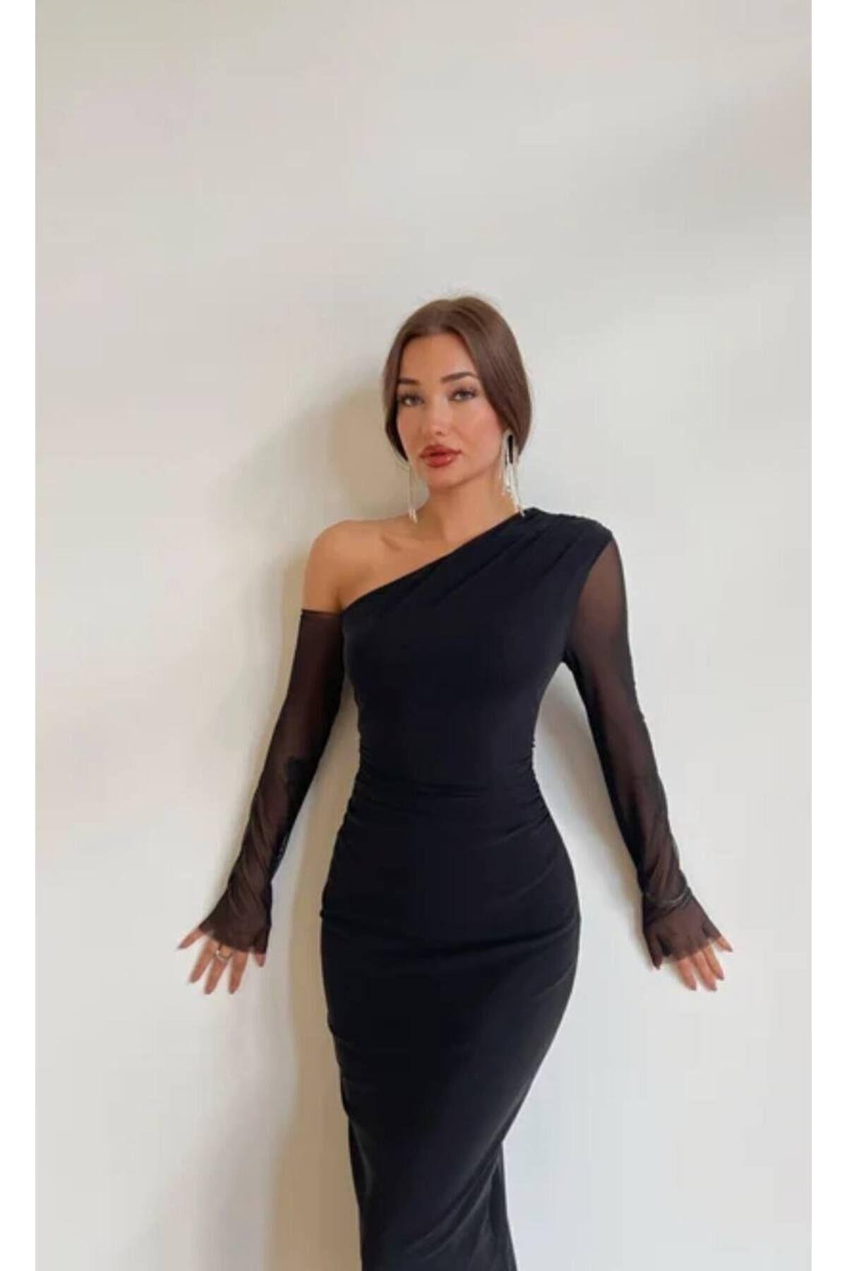 Tek Omuz Drapeli Transparan Siyah Tül  Elbise