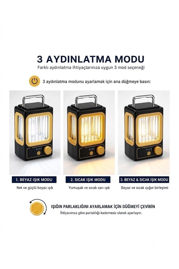 Çadır Dünyası 3 Aydınlatma Modlu Güneş Panelli Şarjlı Retro Kamp Lambası USB Çıkış Portlu LED Fener