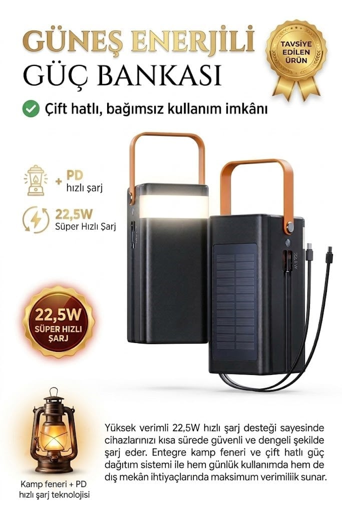 Çadır Dünyası 80.000 mAh Solar Güneş Enerjili Powerbank - 22.5W PD & QC Hızlı Şarjlı, LED Fenerli ve Dijital Göstergeli Kamp Tipi Taşınabilir Hızlı Batarya