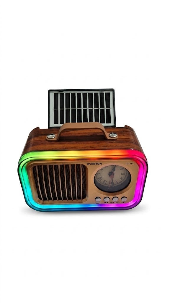Çadır Dünyası Everton RT-711 Nostaljik Güneş Enerjili Kamp Radyosu - Solar Panelli, Bluetoothlu, USB/TF Kart Çalarlı RGB Işıklı Saatli Hoparlör