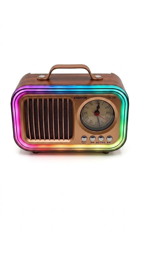 Çadır Dünyası Everton RT-711 Nostaljik Güneş Enerjili Kamp Radyosu - Solar Panelli, Bluetoothlu, USB/TF Kart Çalarlı RGB Işıklı Saatli Hoparlör