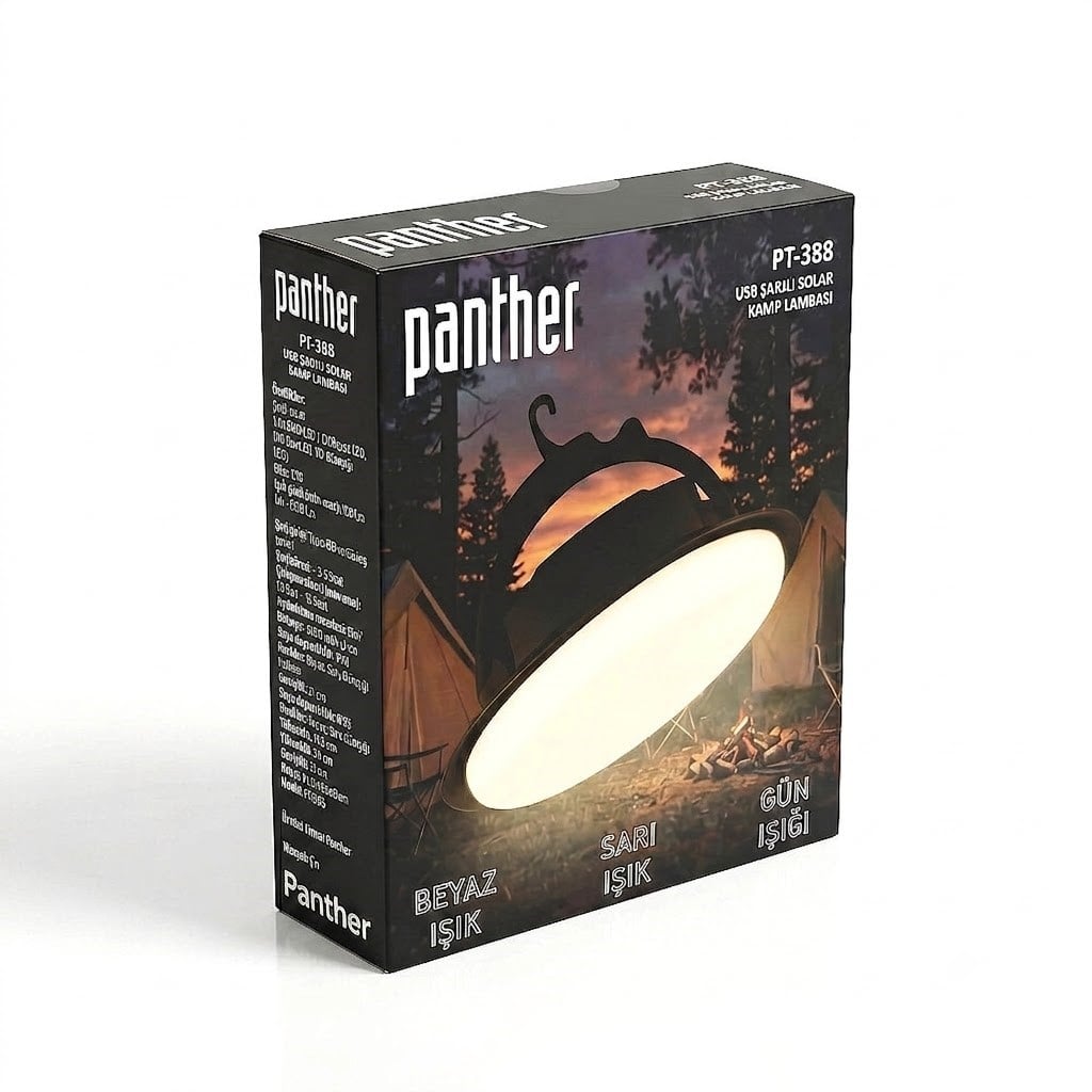 Çadır Dünyası Panther PT-388 Solar Panelli Dimmerli USB Şarjlı Kamp Lambası 2000 Lümen