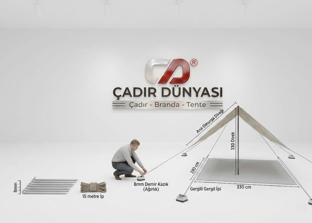 Çadır Dünyası Profesyonel Kamp Tentesi (Tarp) - 330x330 cm, 8mm Demir Kazık ve Komple Aksesuar Seti