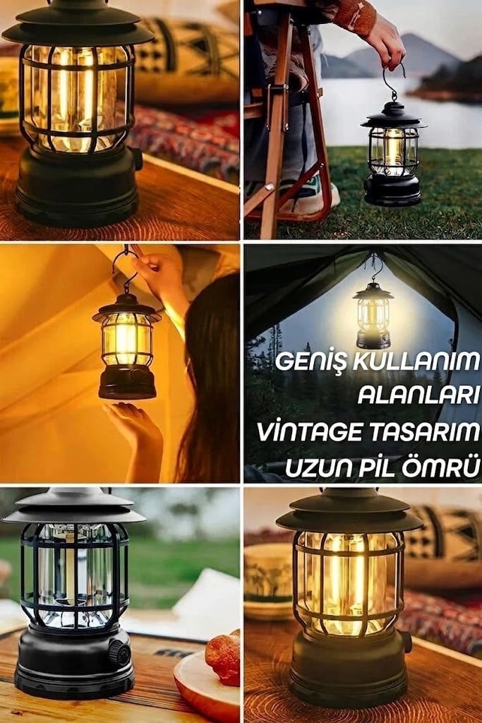 Çadır Dünyası SDR-L27 COB Kamp Lambası - 18650 Şarj Edilebilir Pilli, USB Girişli Taşınabilir Retro Fener ve Gece Aydınlatması