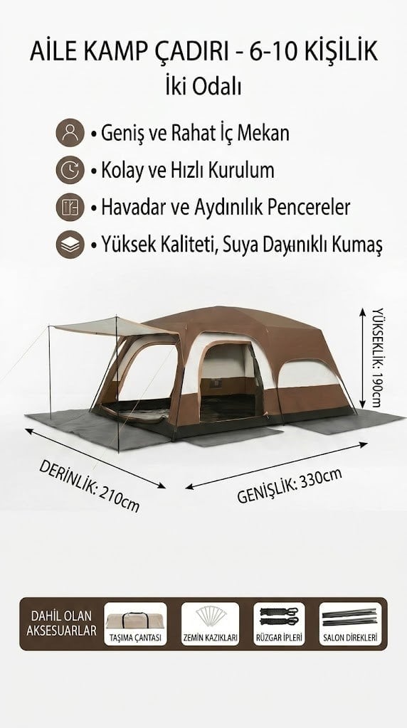 Çadır Dünyası Small Model 2 Odalı Kamp Çadırı - 330x210 cm Geniş Aile Çadırı, 190 cm Yüksek Tavanlı, 5 Dakikada Pratik Manuel Kurulum