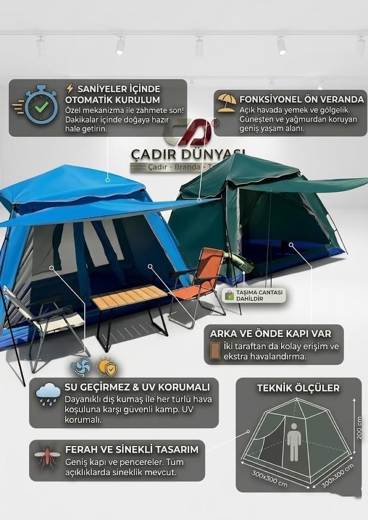 Çadır Dünyası Verandalı XL Otomatik Kamp Çadırı - 300x300x200 cm - 8-10 Kişilik