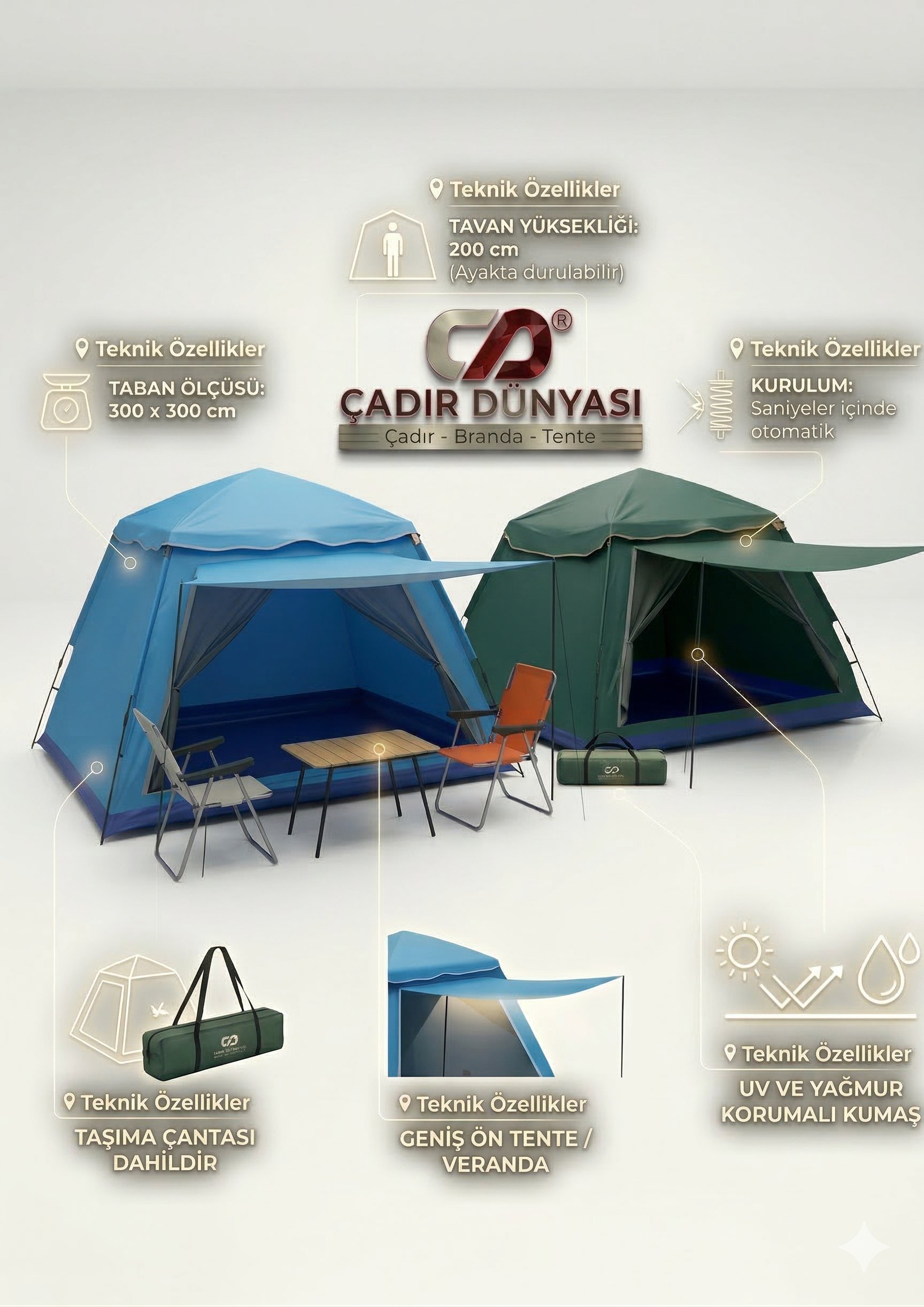 Çadır Dünyası Verandalı XL Otomatik Kamp Çadırı - 300x300x200 cm - 8-10 Kişilik