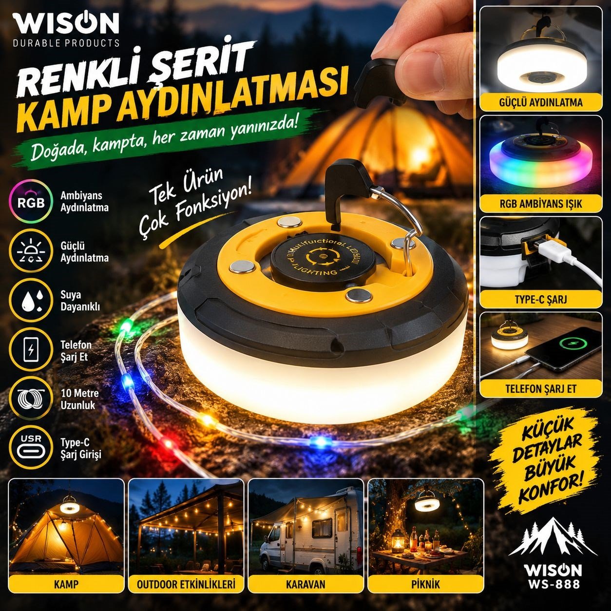 ÇADIR DÜNYASI WISON WS-888 RENKLİ ŞERİD LED KAMP LAMBASI
