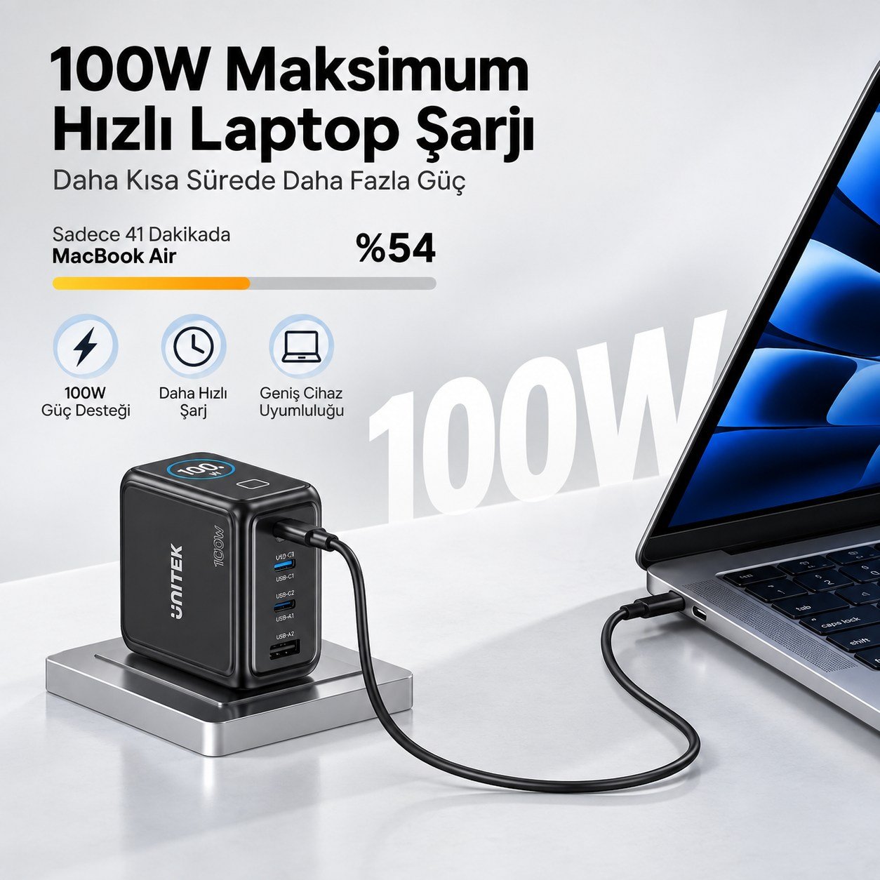 UNITEK REXO 100W 4 PORTLU AKILLI EKRANLI GAN SARJ CİHAZI (P1132ABK01-EU)