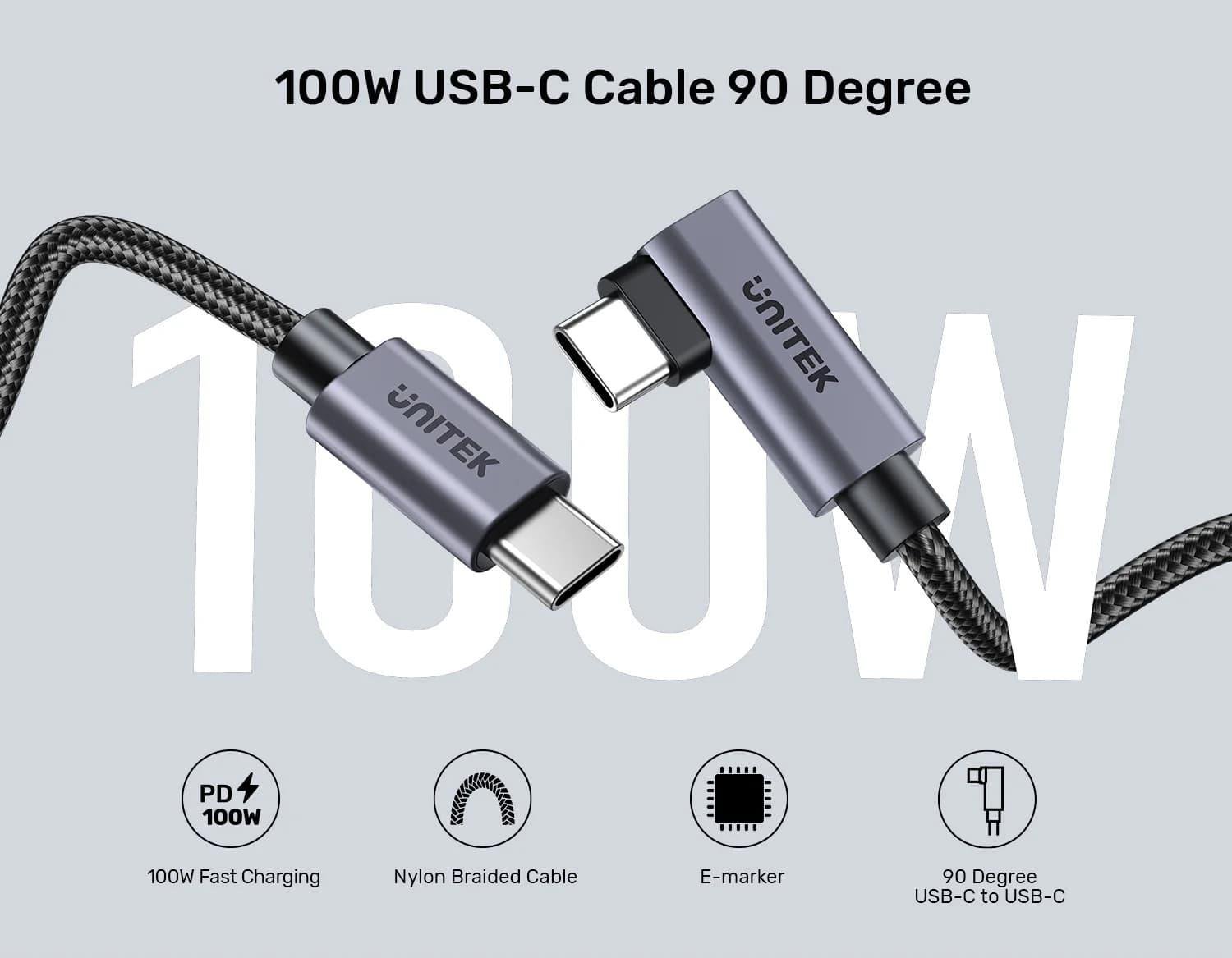 UNITEK TYPE-C HIZLI ŞARJ KABLOSU 90 DERECE 2 METRE 100W (C14123BK-2M)