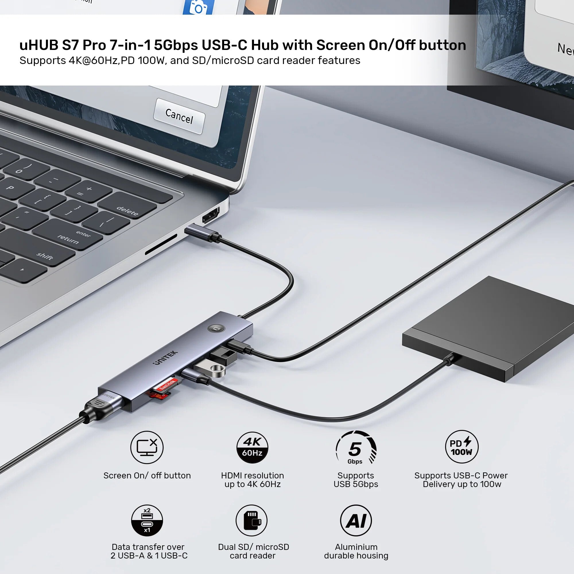 UNITEK UHUB S7 PRO 7-IN-1 5GBPS USB-C HUB (H1124AGY01)