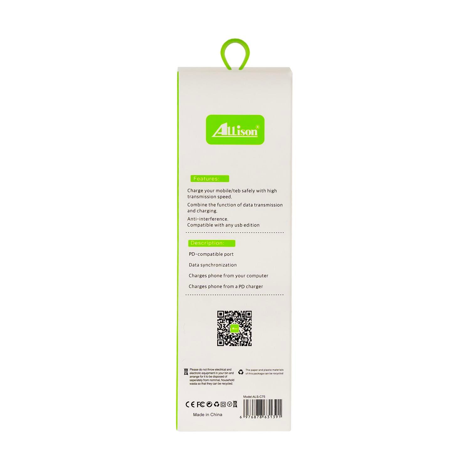 Allison Type-C to Type-C Dayanıklı Şarj ve Veri Aktarım Kablosu – Hızlı Şarj ve Uzun Ömürlü Tasarım