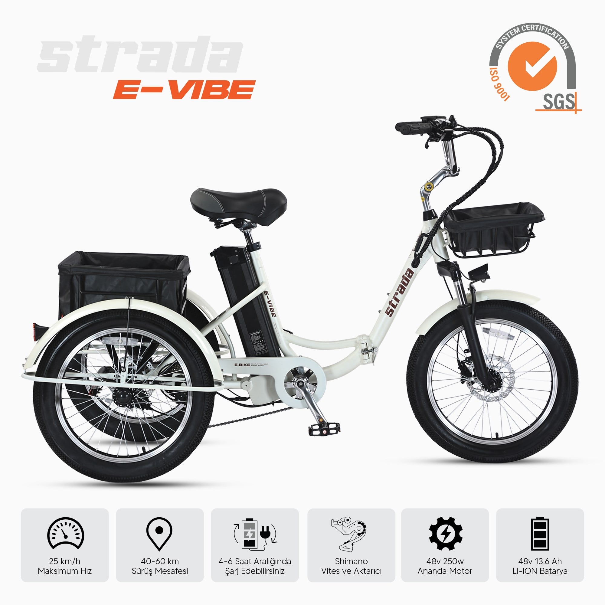 Strada E-VIBE Hidrolik Disk 20 Jant Üç Tekerlekli Elektrikli Bisiklet