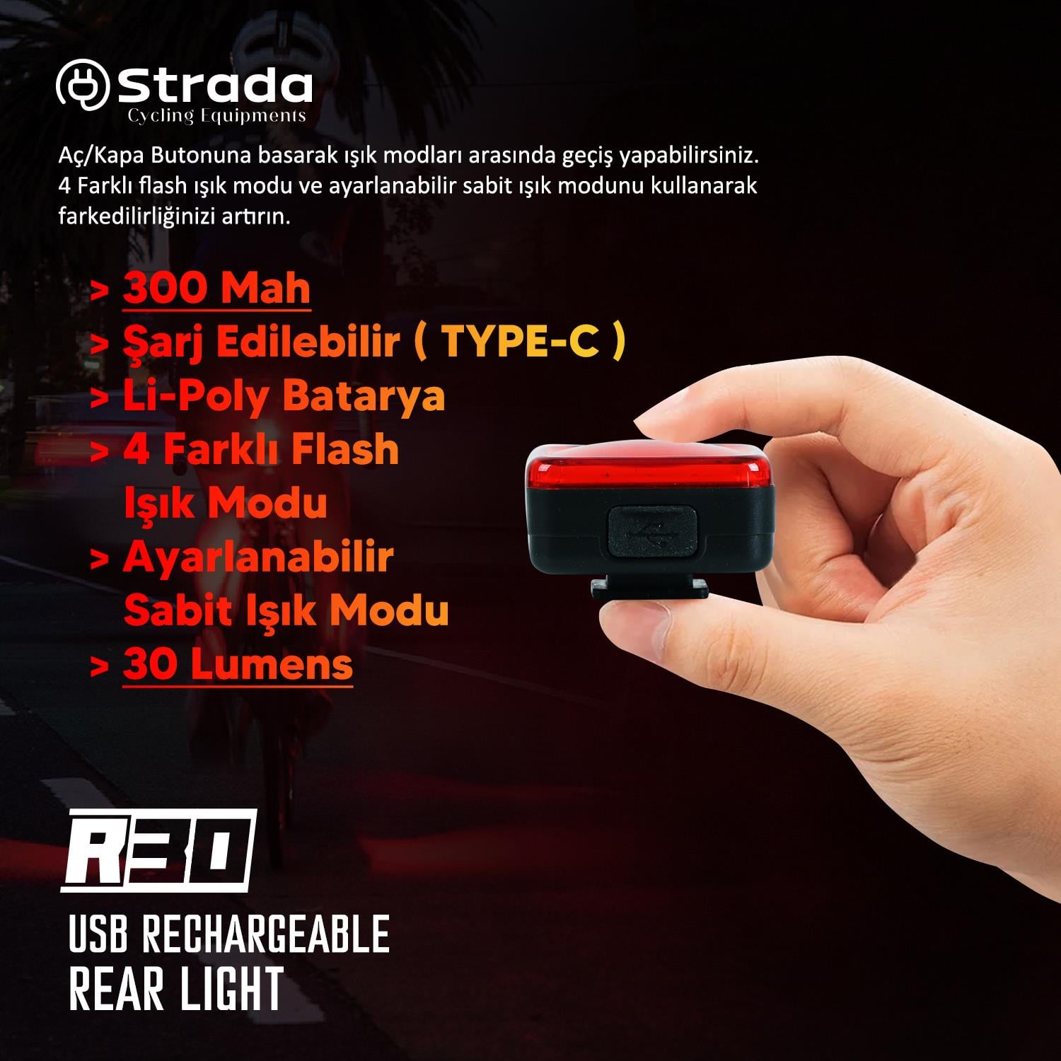 Strada R-30 300MAH Şarj Edilebilir Li-Poly Bisiklet Arka Lambası