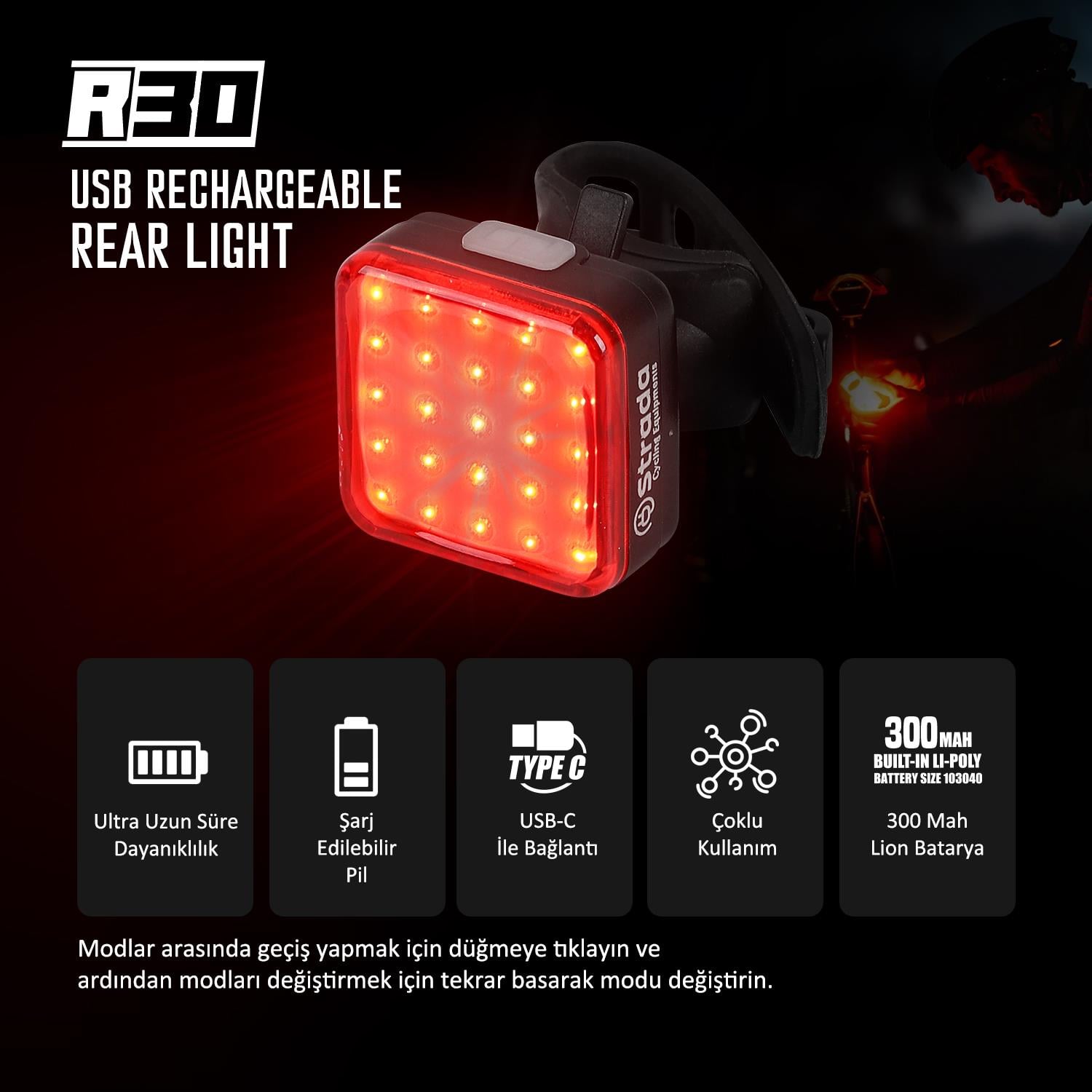 Strada R-30 300MAH Şarj Edilebilir Li-Poly Bisiklet Arka Lambası
