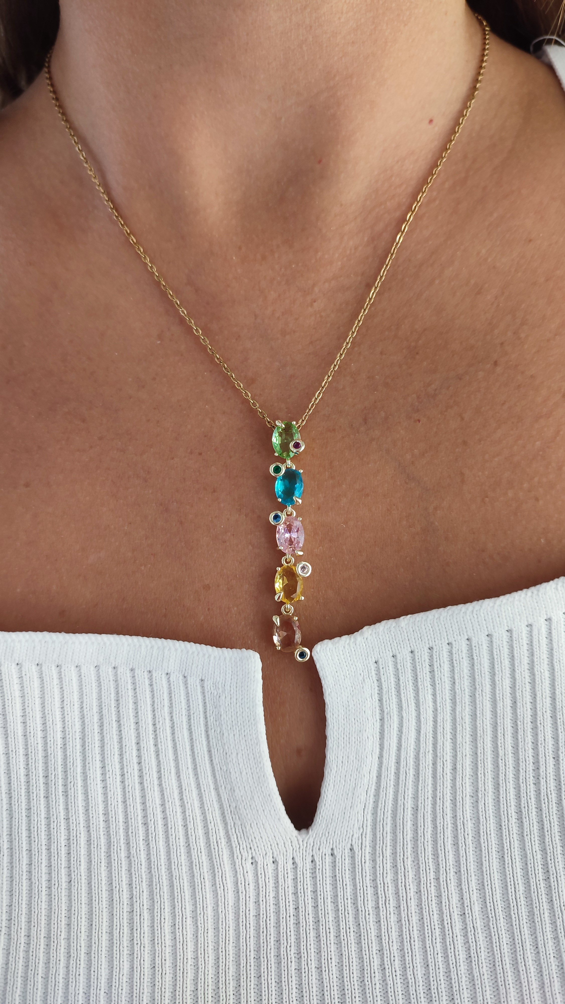 ÇELİK 14K RENKLİ TAŞLI TIRTIL KOLYE (46 CM)