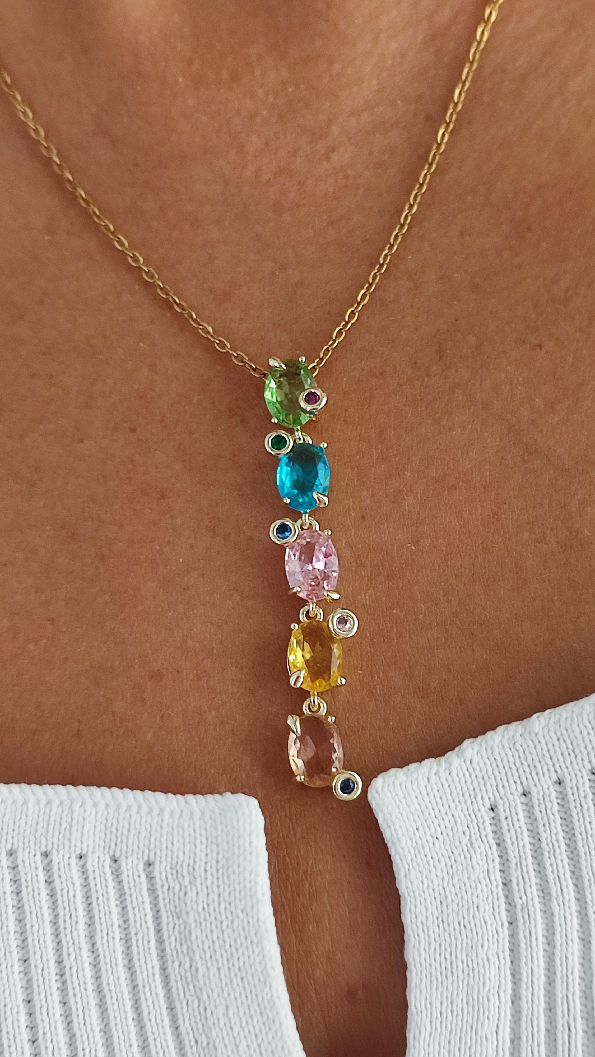 ÇELİK 14K RENKLİ TAŞLI TIRTIL KOLYE (46 CM)