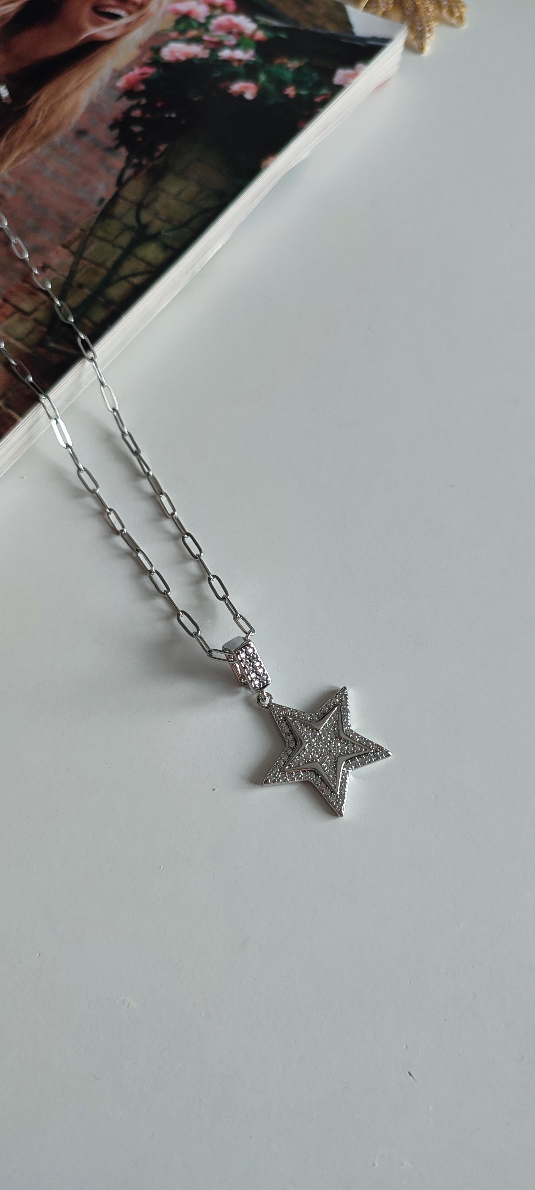 ÇELİK SİLVER TAŞLI YILDIZ KOLYE (51 cm)