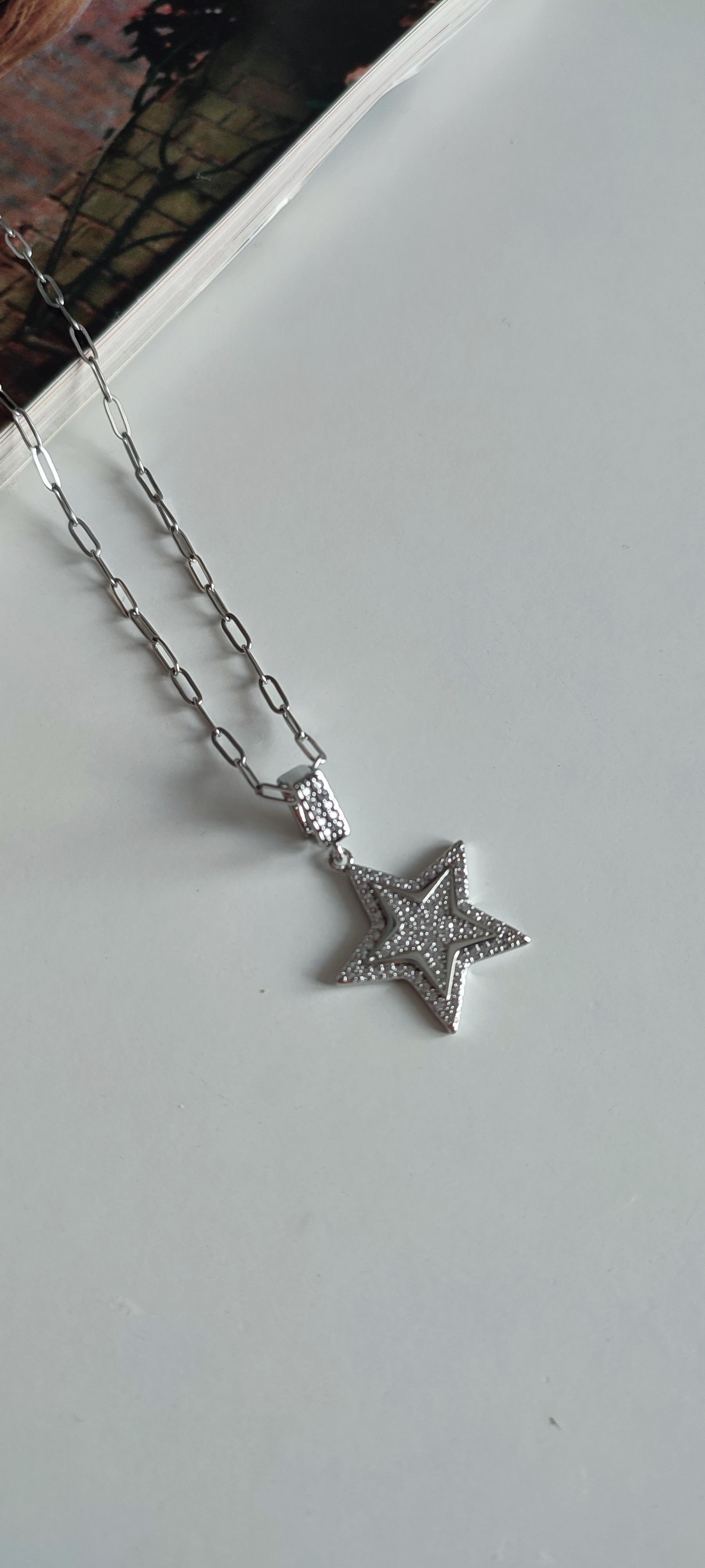 ÇELİK SİLVER TAŞLI YILDIZ KOLYE (51 cm)