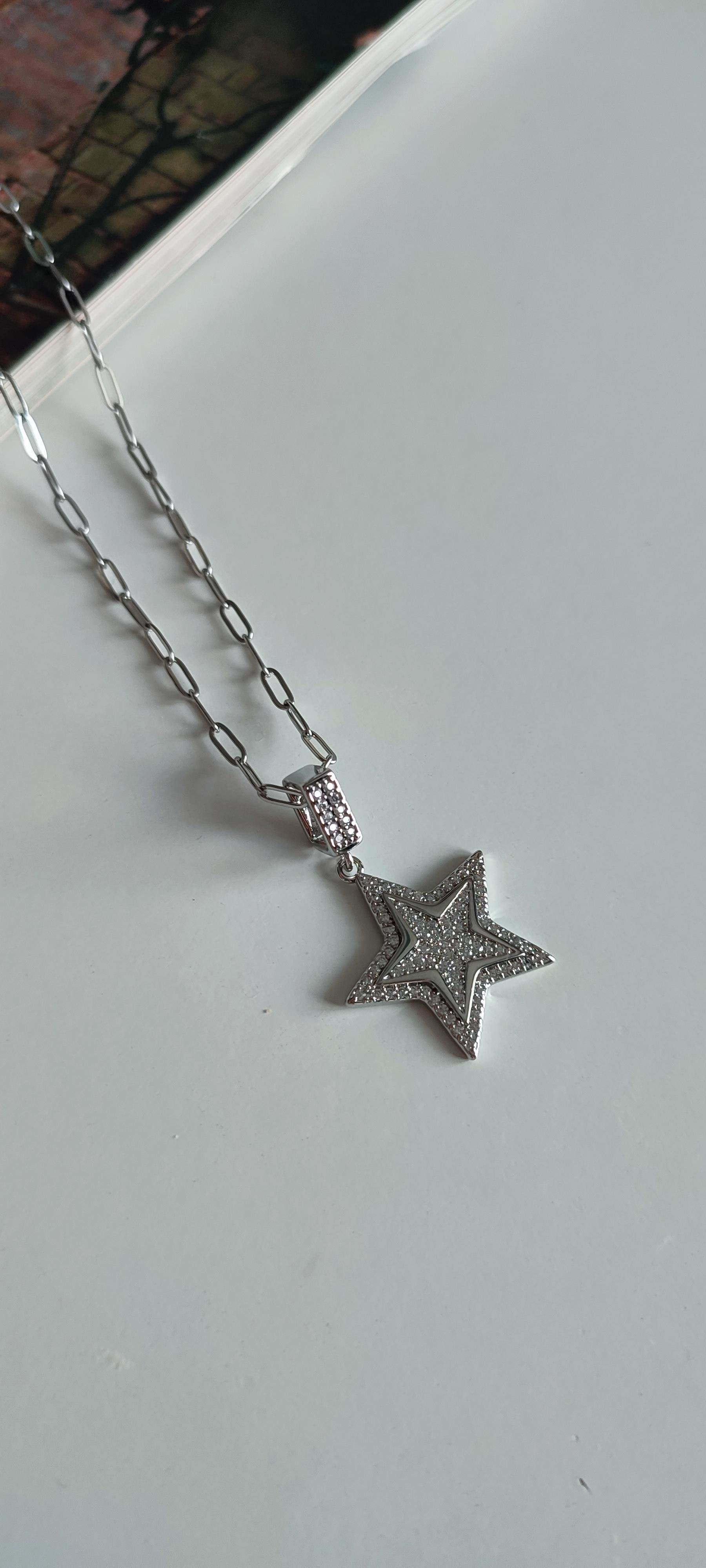 ÇELİK SİLVER TAŞLI YILDIZ KOLYE (51 cm)