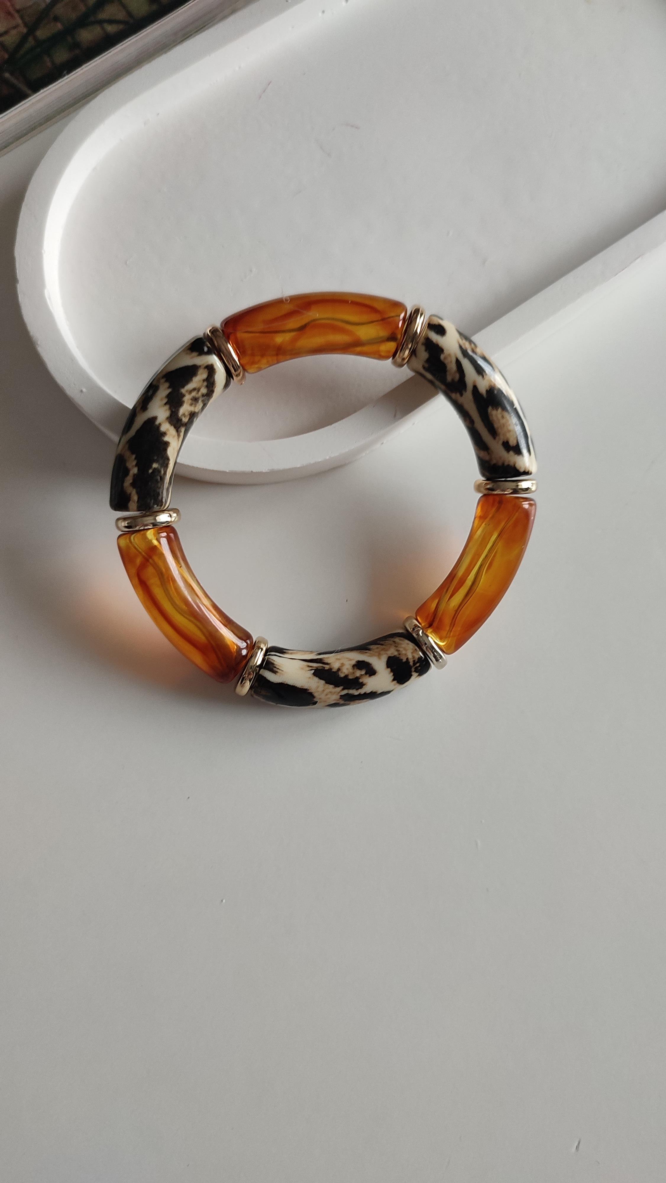 LEOPAR DESENLİ KAHVERENGİ KEMİK DETAYLI LASTİK BİLEKLİK 