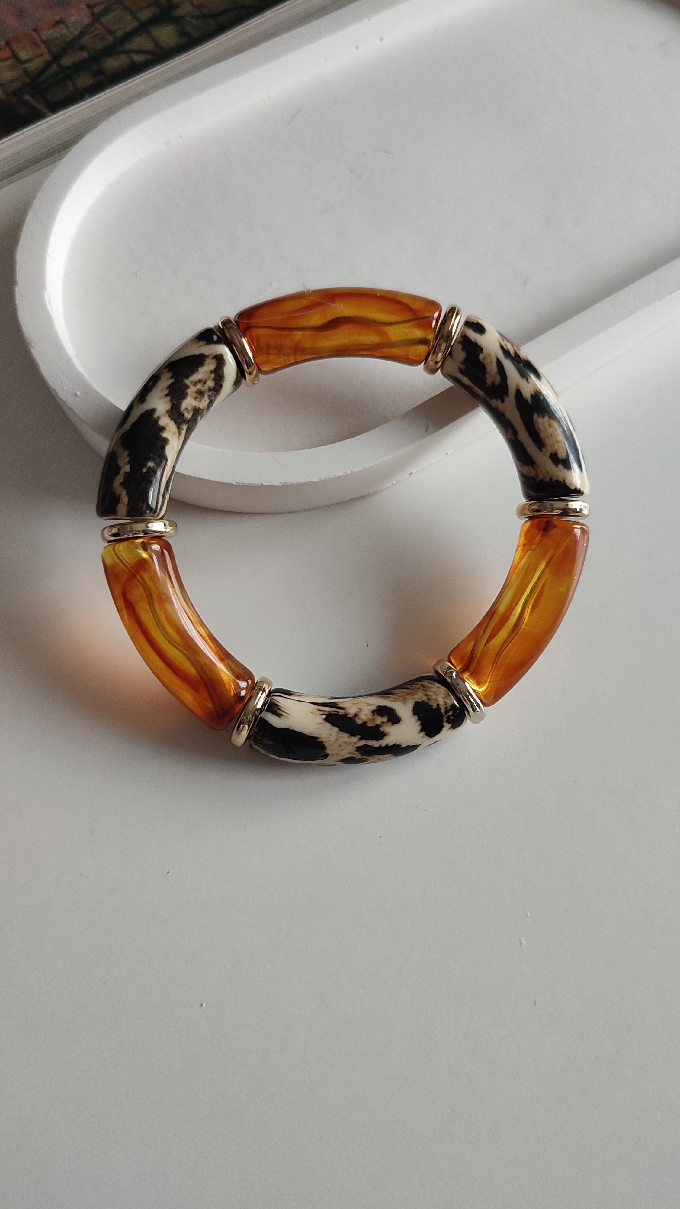 LEOPAR DESENLİ KAHVERENGİ KEMİK DETAYLI LASTİK BİLEKLİK 