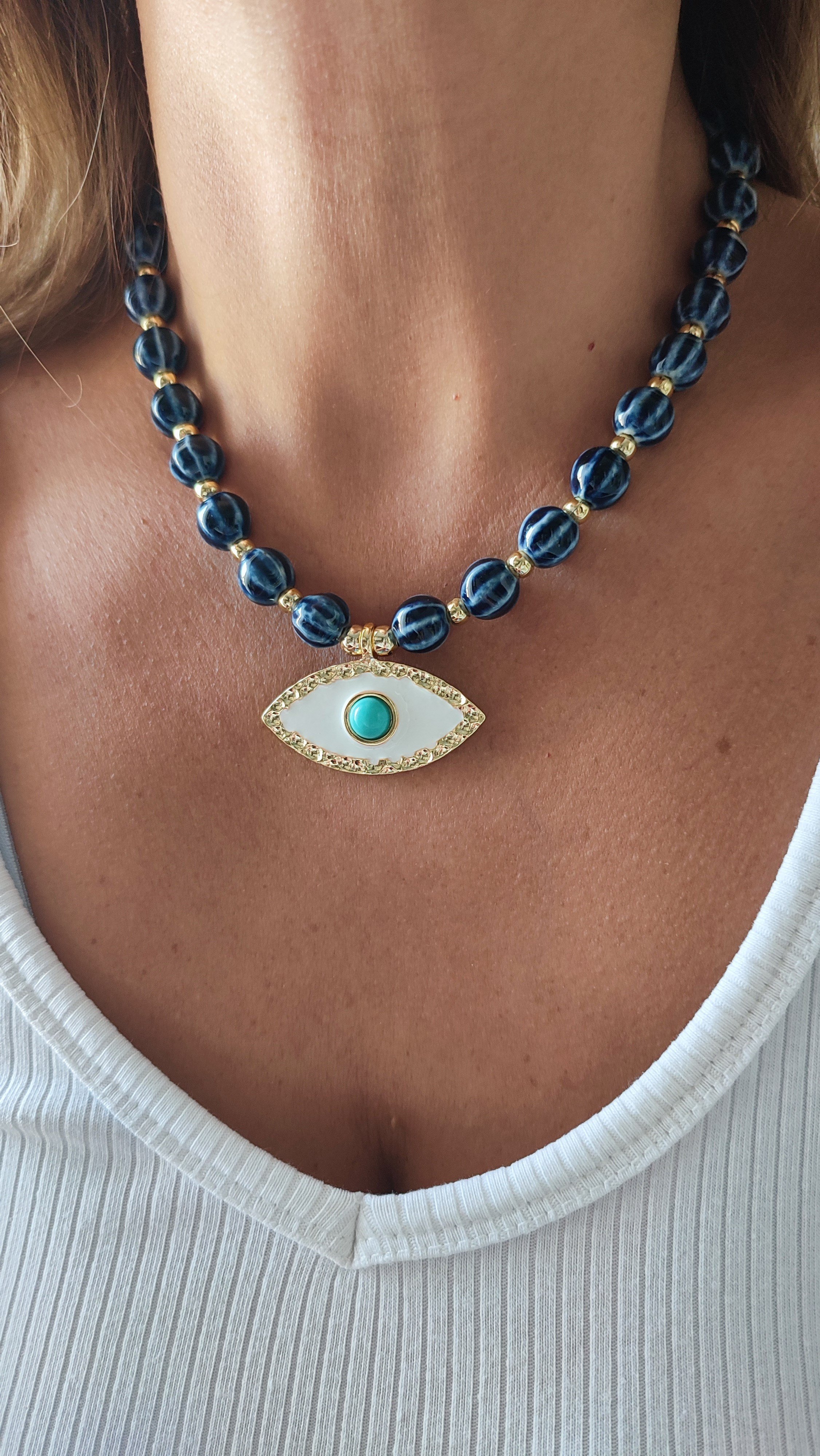 MURANO CAM BONCUK BEYAZ GÖZ KOLYE (46 CM)