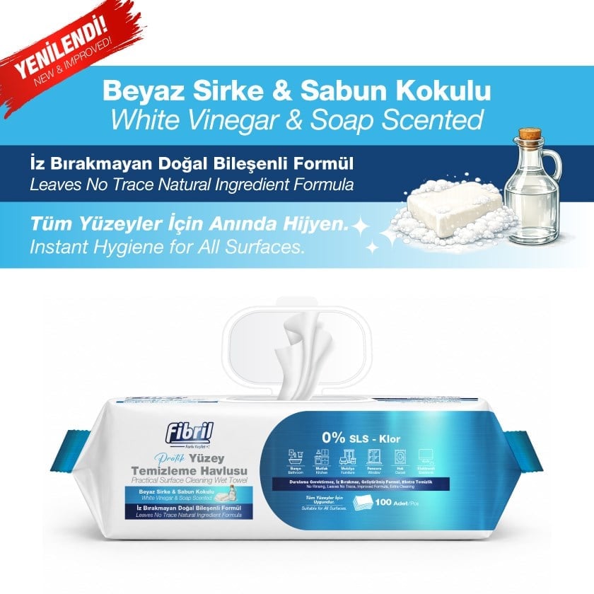 Fibril Premium Pratik Yüzey Temizleme Havlusu Beyaz Sirke Sabun Kokulu 15 X 100 (TOPLAM 1500 YAPRAK)