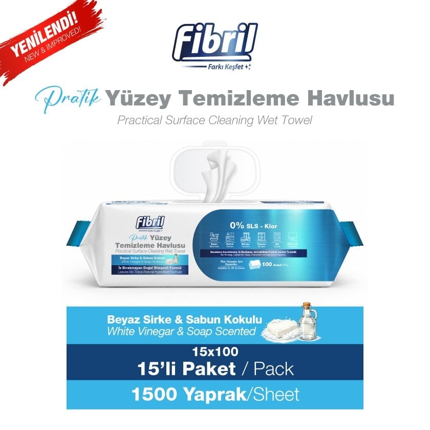 Fibril Premium Pratik Yüzey Temizleme Havlusu Beyaz Sirke Sabun Kokulu 15 X 100 (TOPLAM 1500 YAPRAK)