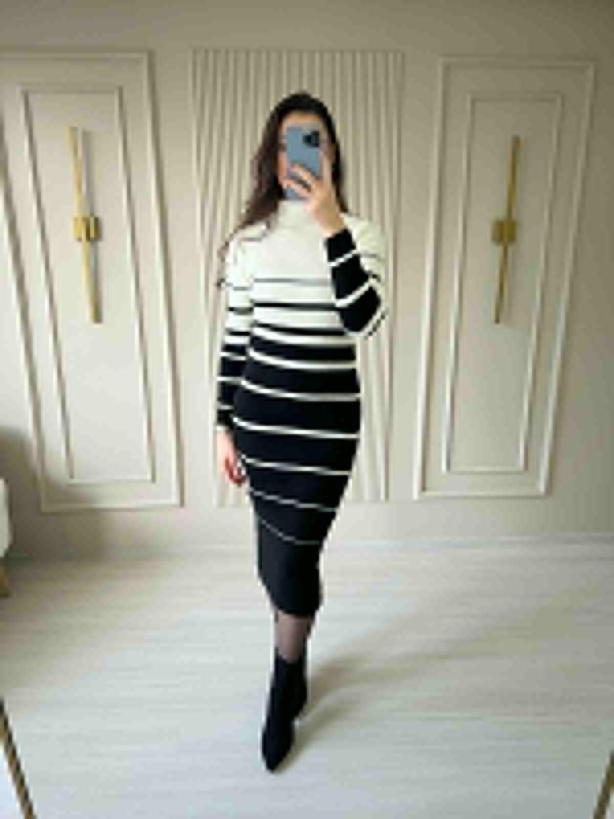 Çizgili Triko Elbise - 1002