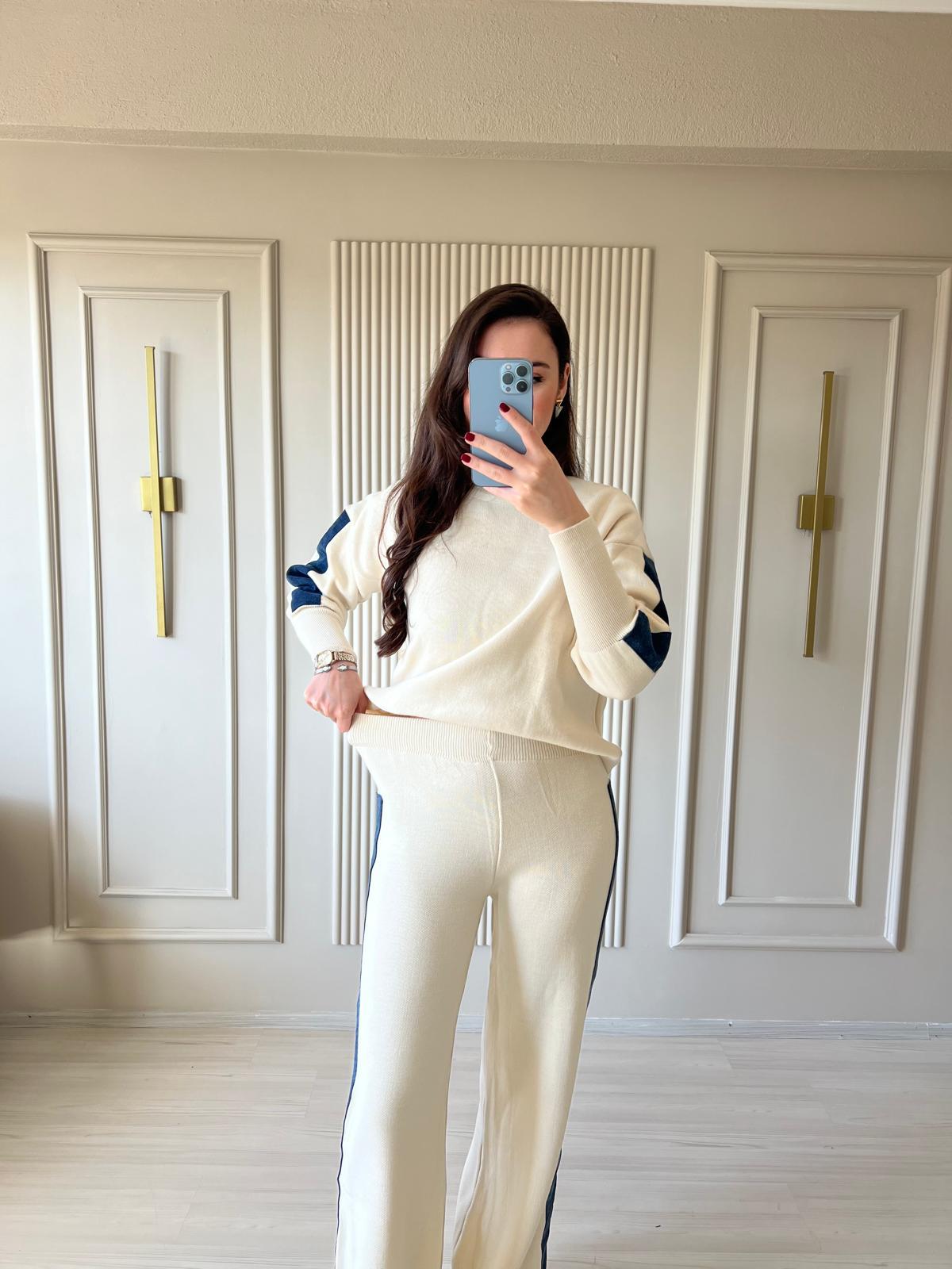 Denim Detay Triko Bej Takım - 1008