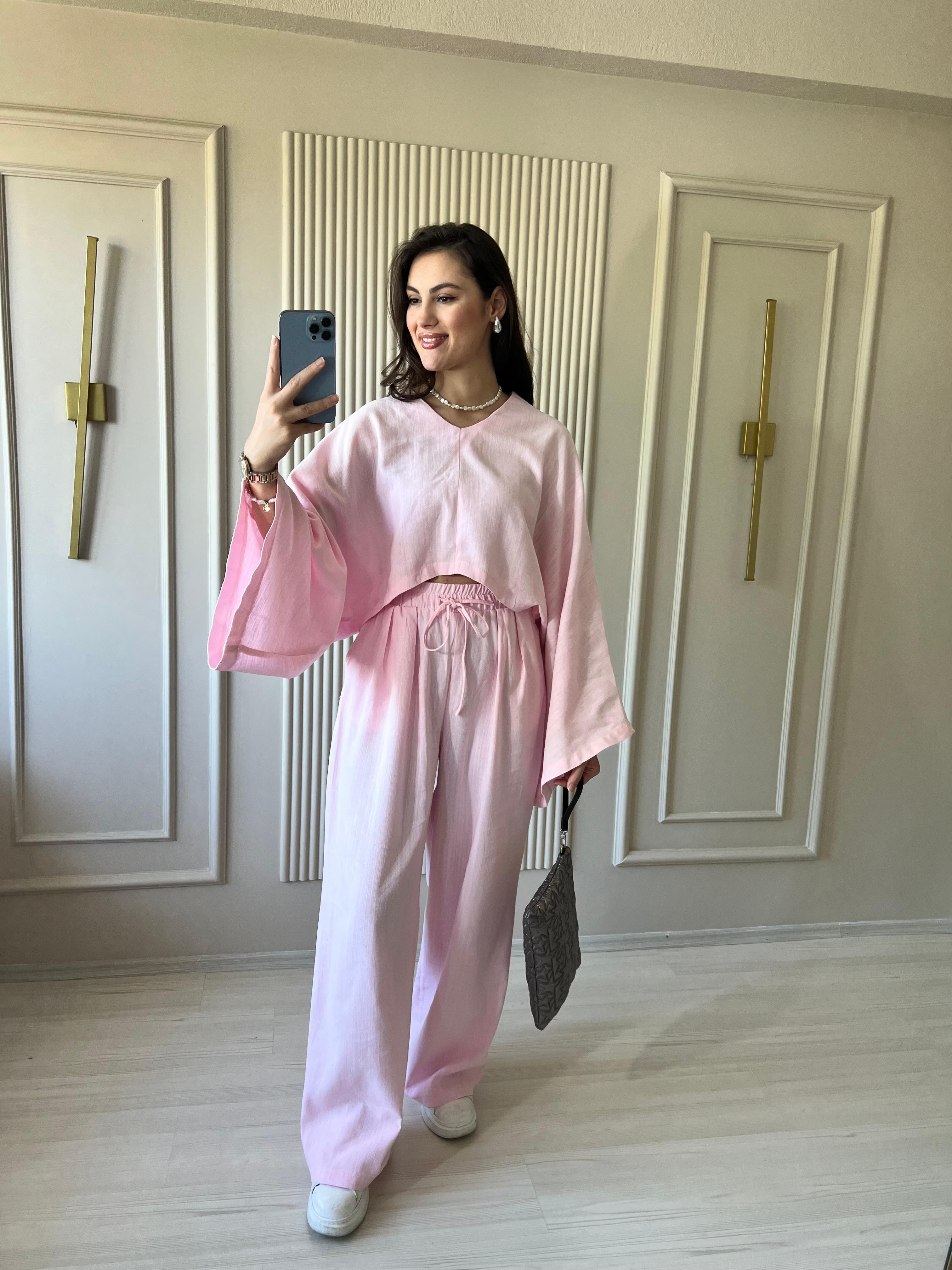 Geniş Kollu Keten Takım Pembe -1031