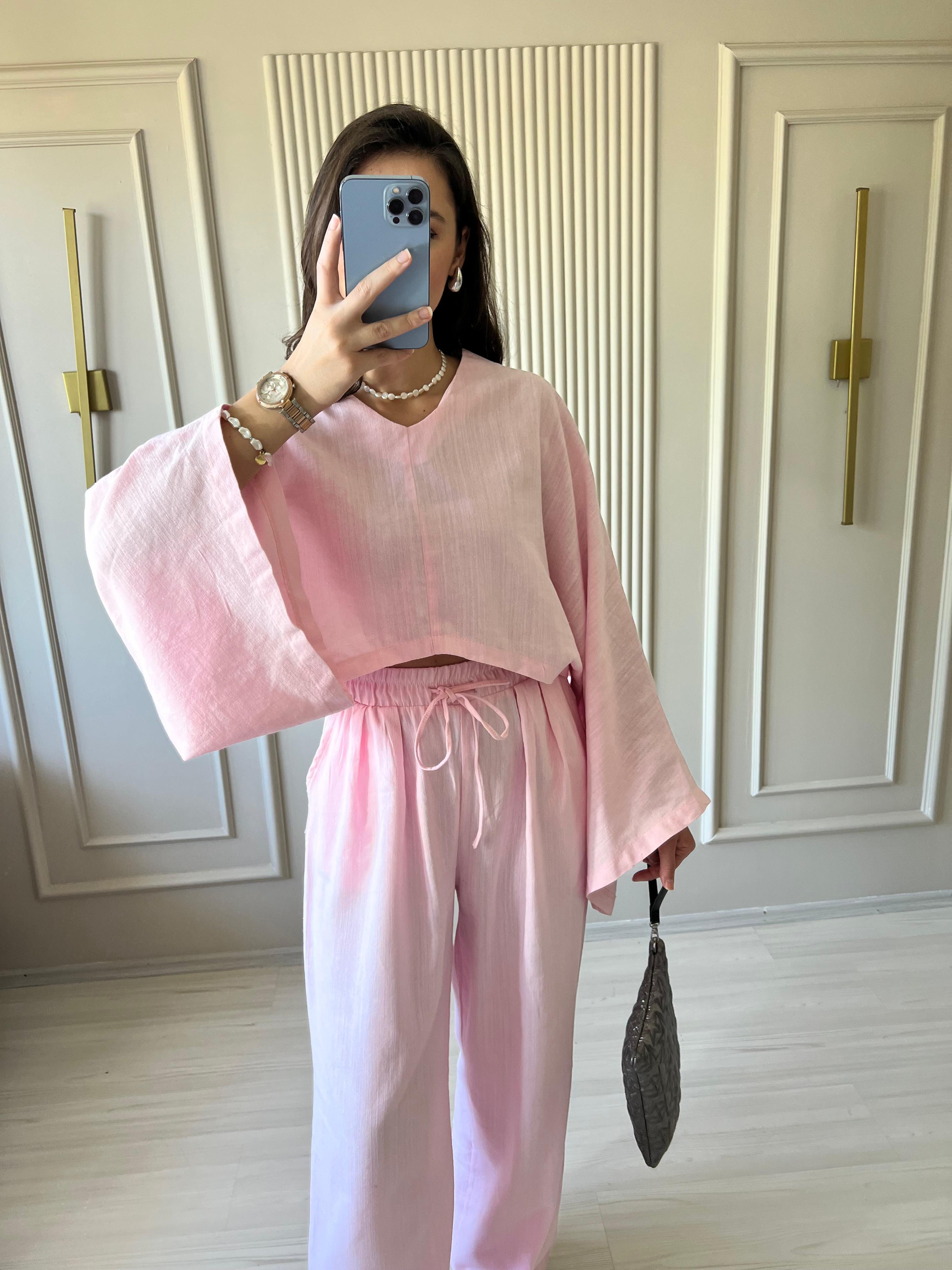 Geniş Kollu Keten Takım Pembe -1031