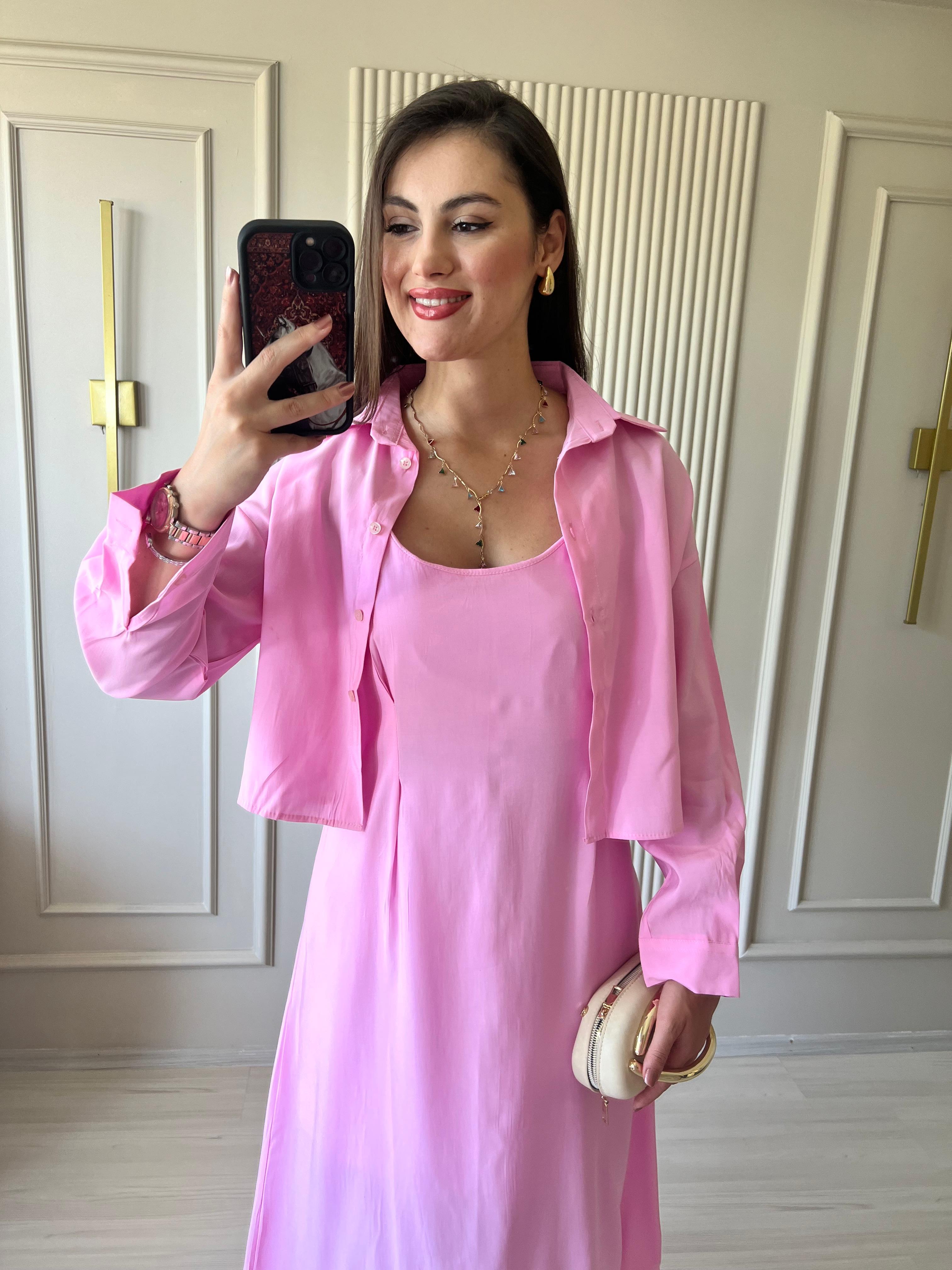Gömlekli Askılı Tensel Elbise Takım Pembe - 1023