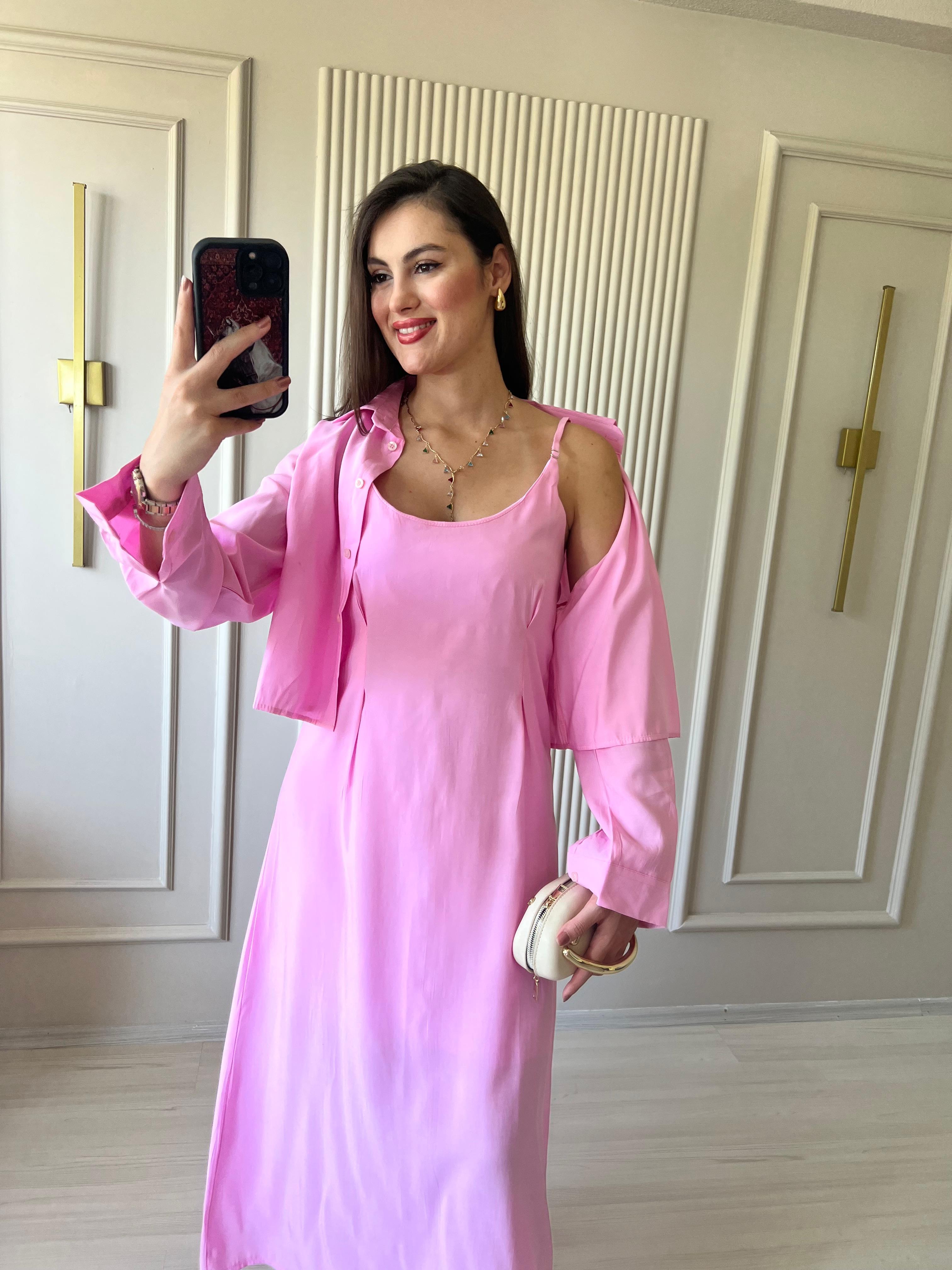 Gömlekli Askılı Tensel Elbise Takım Pembe - 1023