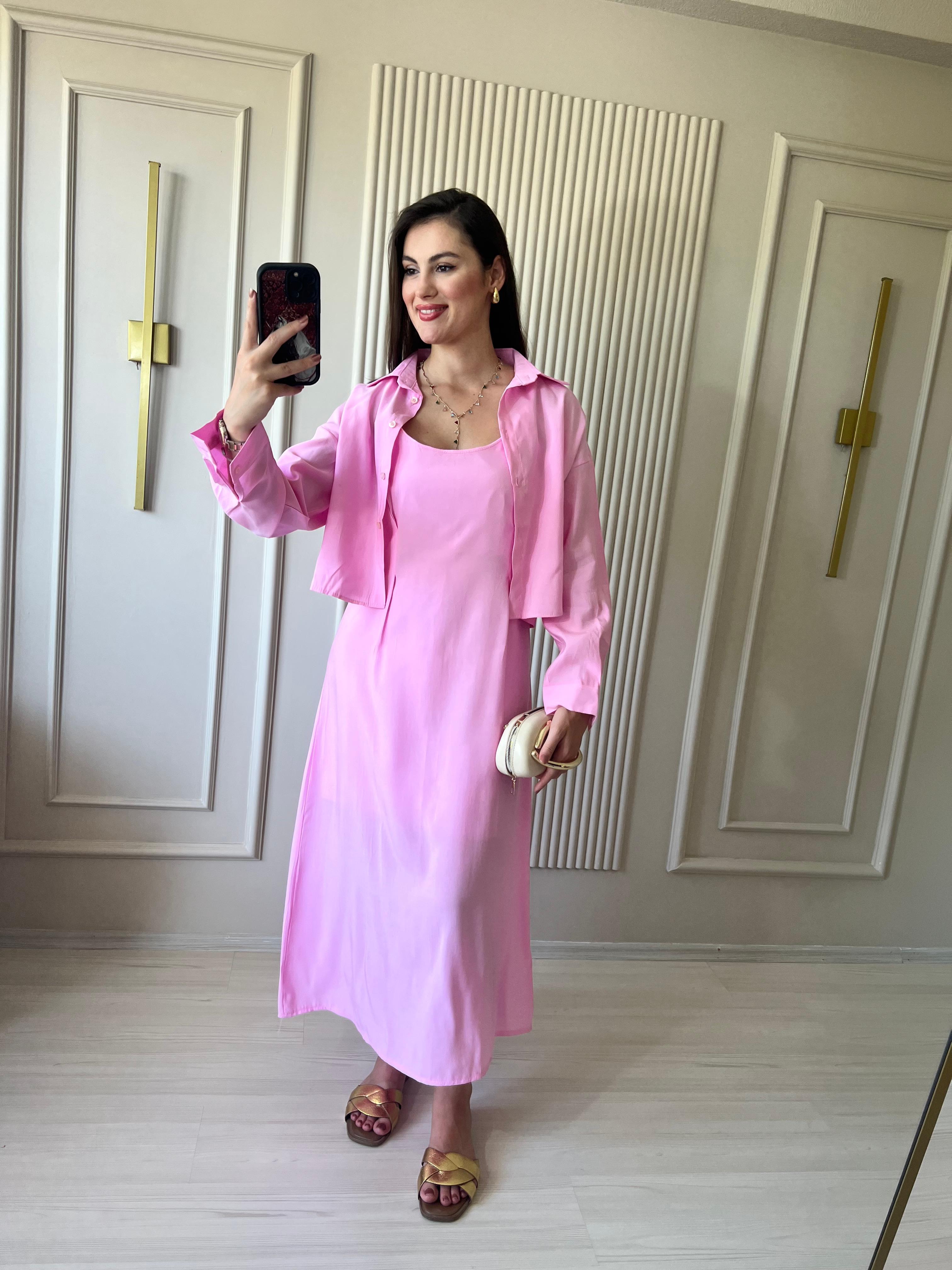Gömlekli Askılı Tensel Elbise Takım Pembe - 1023