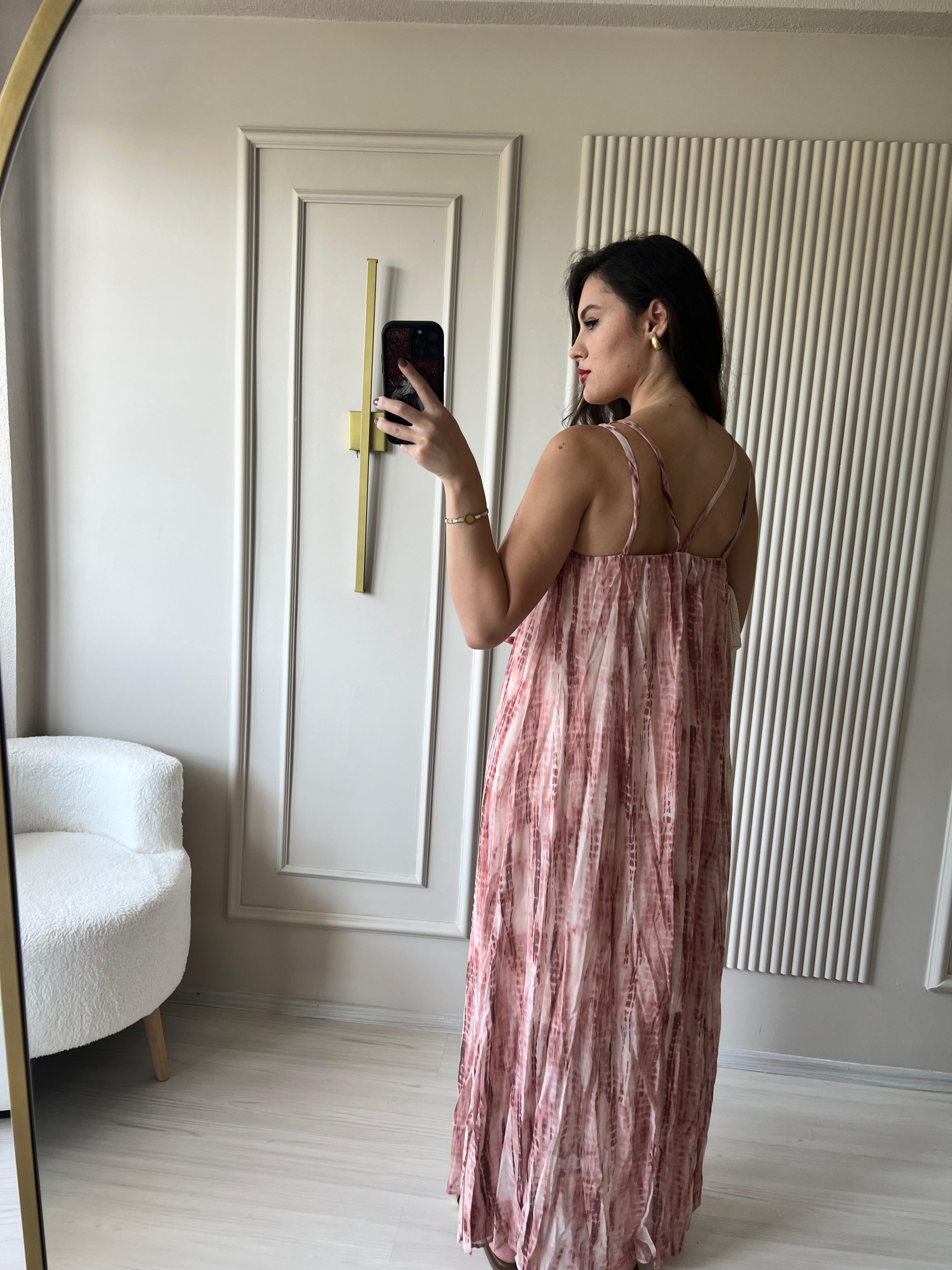 Halka Detaylı Batik Desen Elbise Pembe - 1024