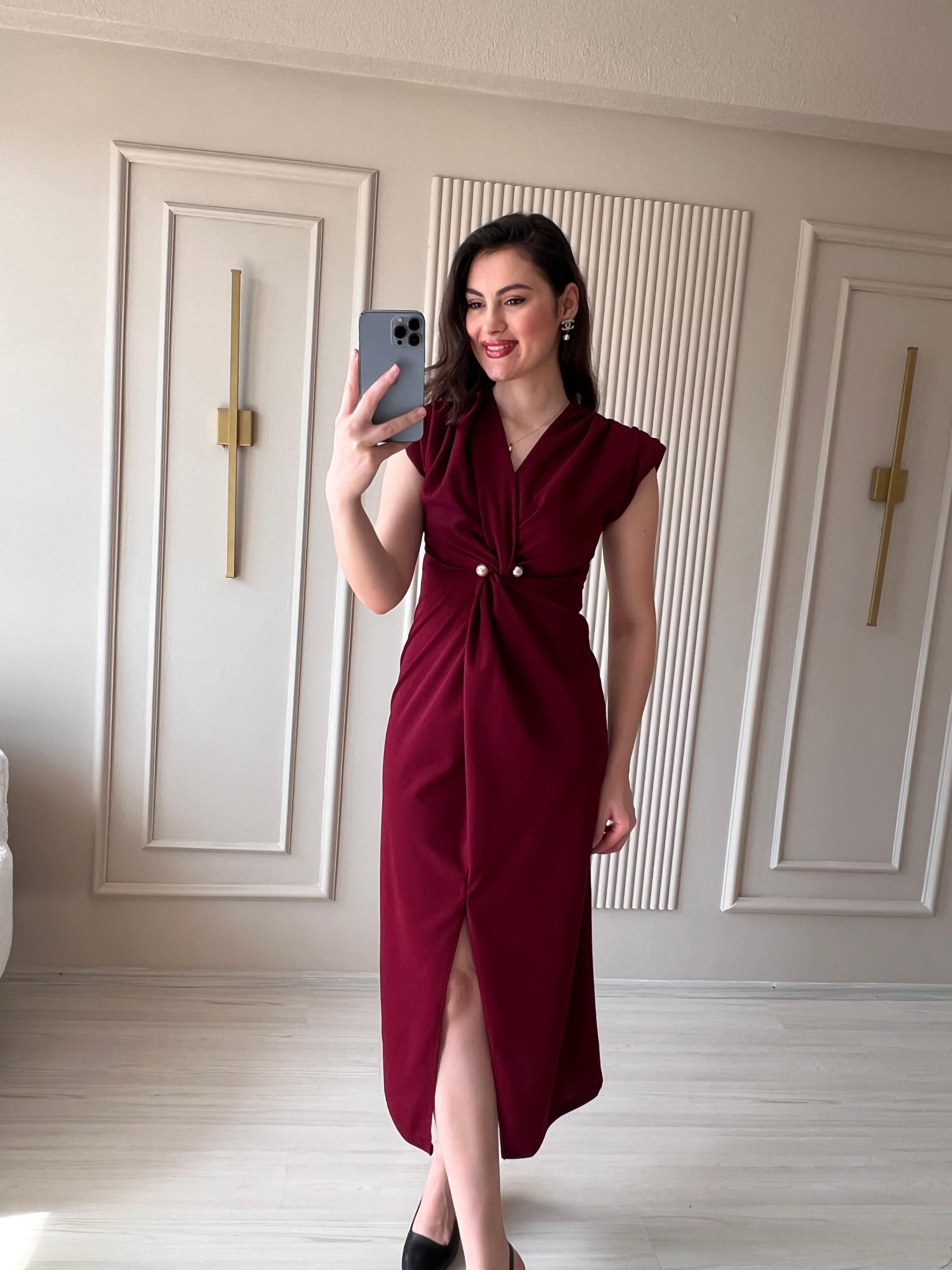İnci Detaylı Bordo Elbise -1016